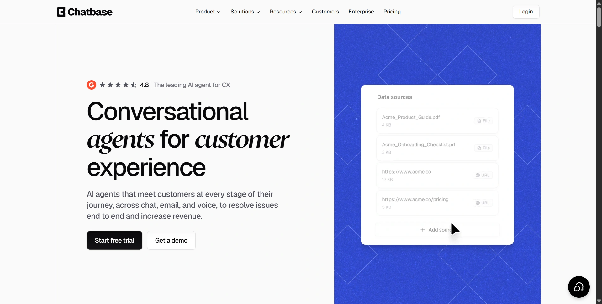 Chatbase website showcasing custom AI agents for customer support