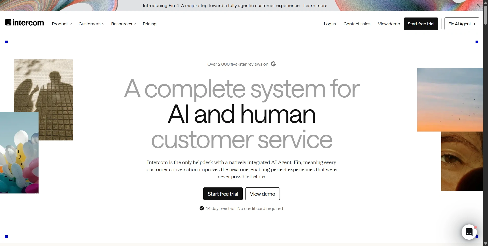 Intercom website presenting its AI-powered customer service platform
