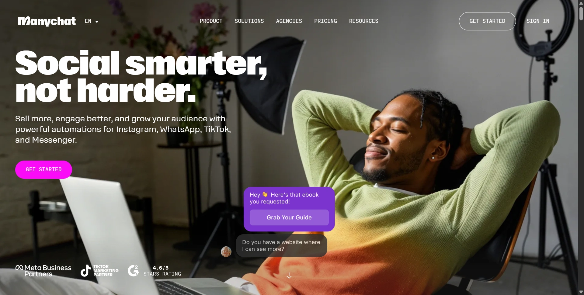 Manychat website introducing social messaging automation for businesses