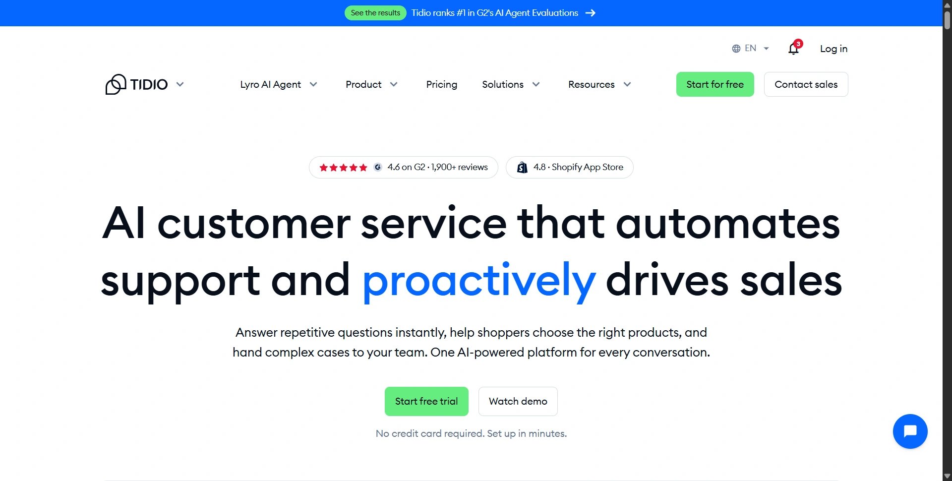 Tidio website presenting live chat and the Lyro AI agent
