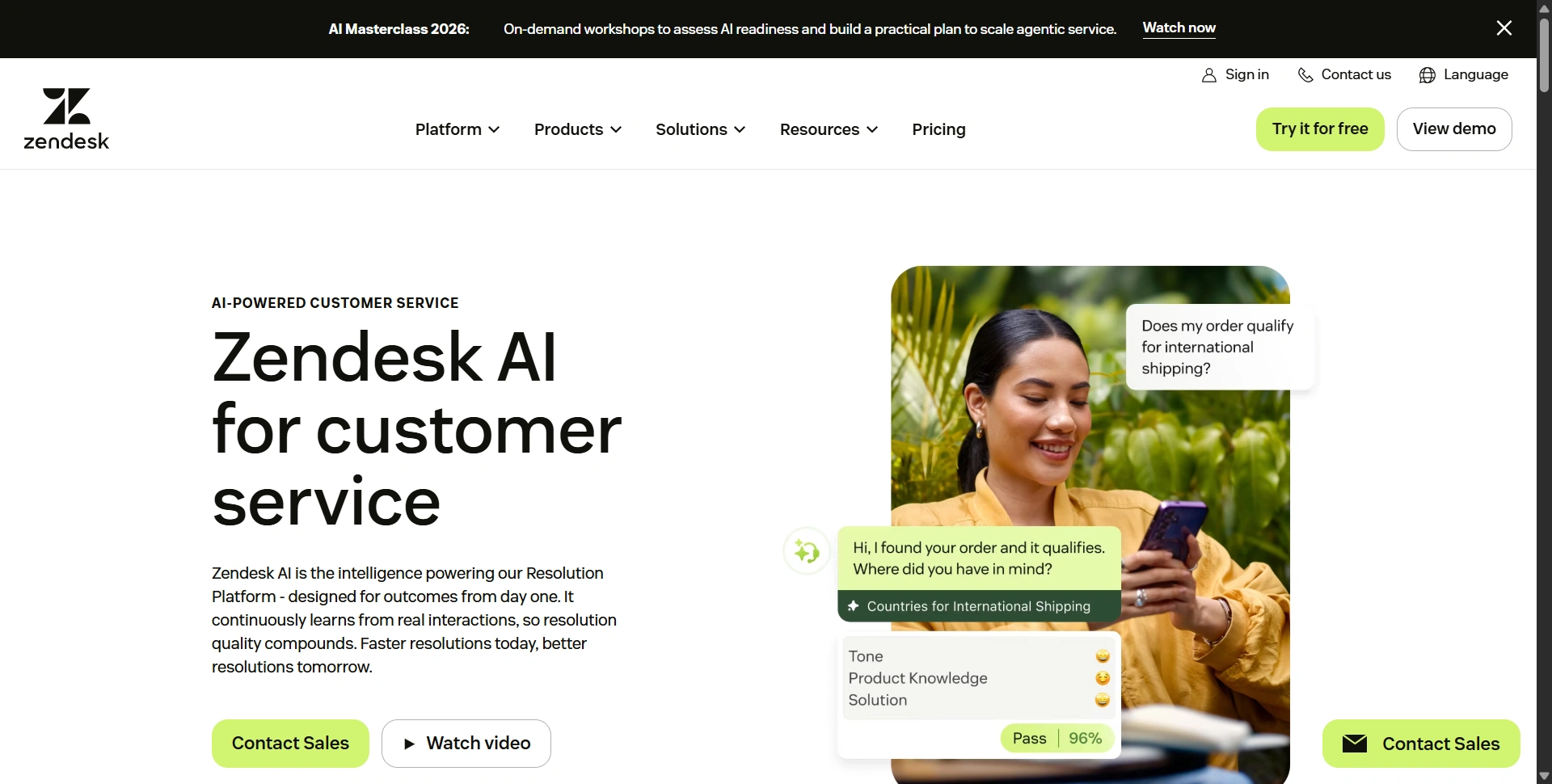 Zendesk website introducing AI for customer service and support