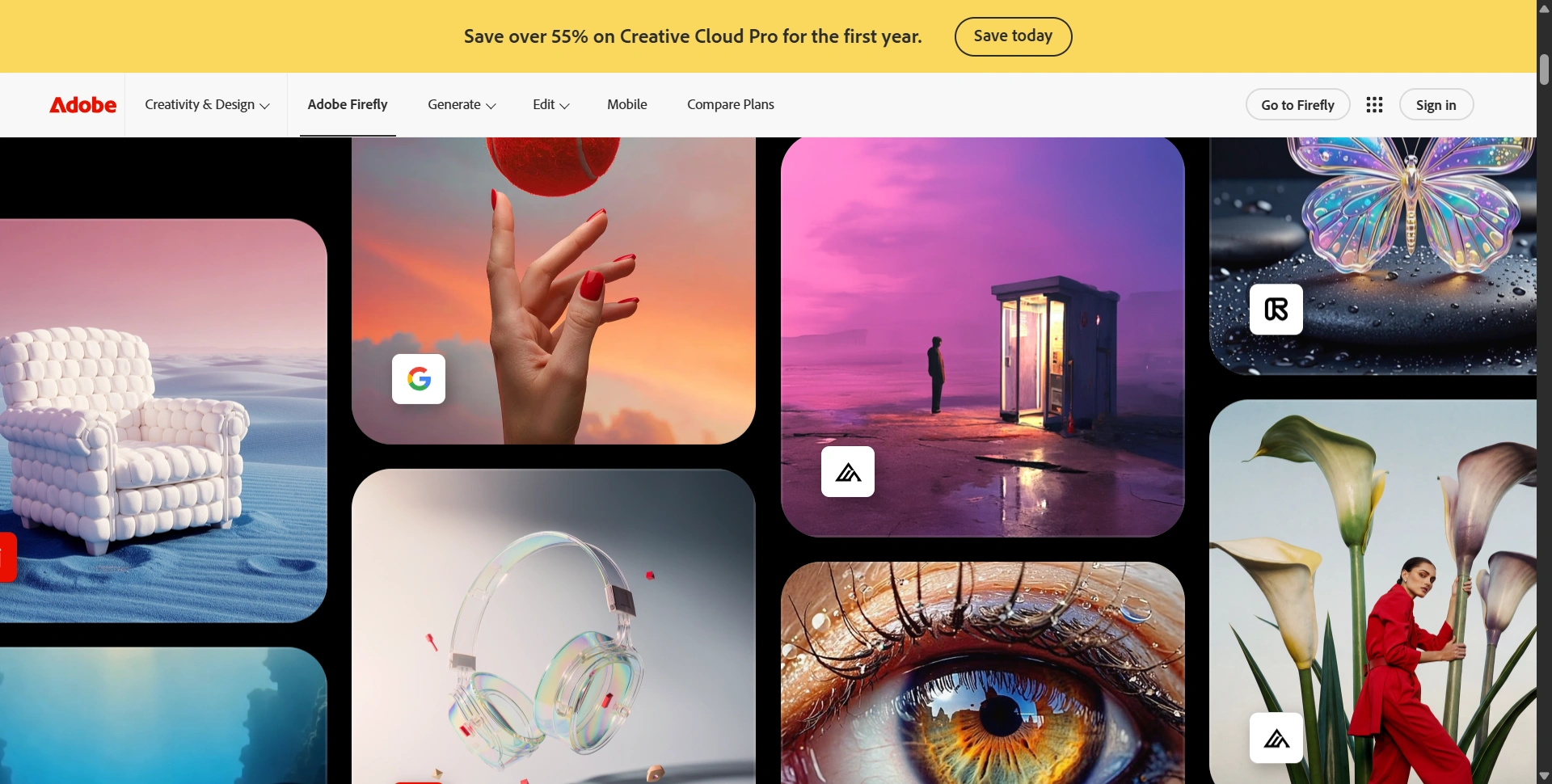 Adobe Firefly product page introducing its creative AI tools