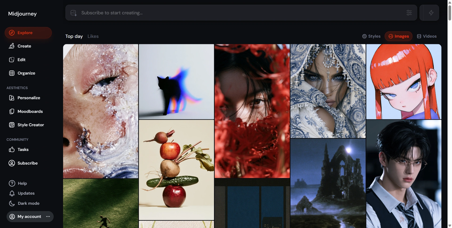 Midjourney Explore page displaying community image examples