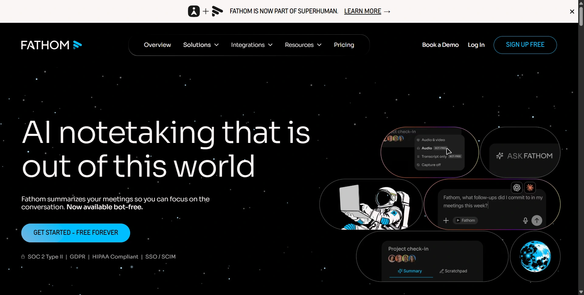 Fathom homepage introducing its AI meeting notetaker