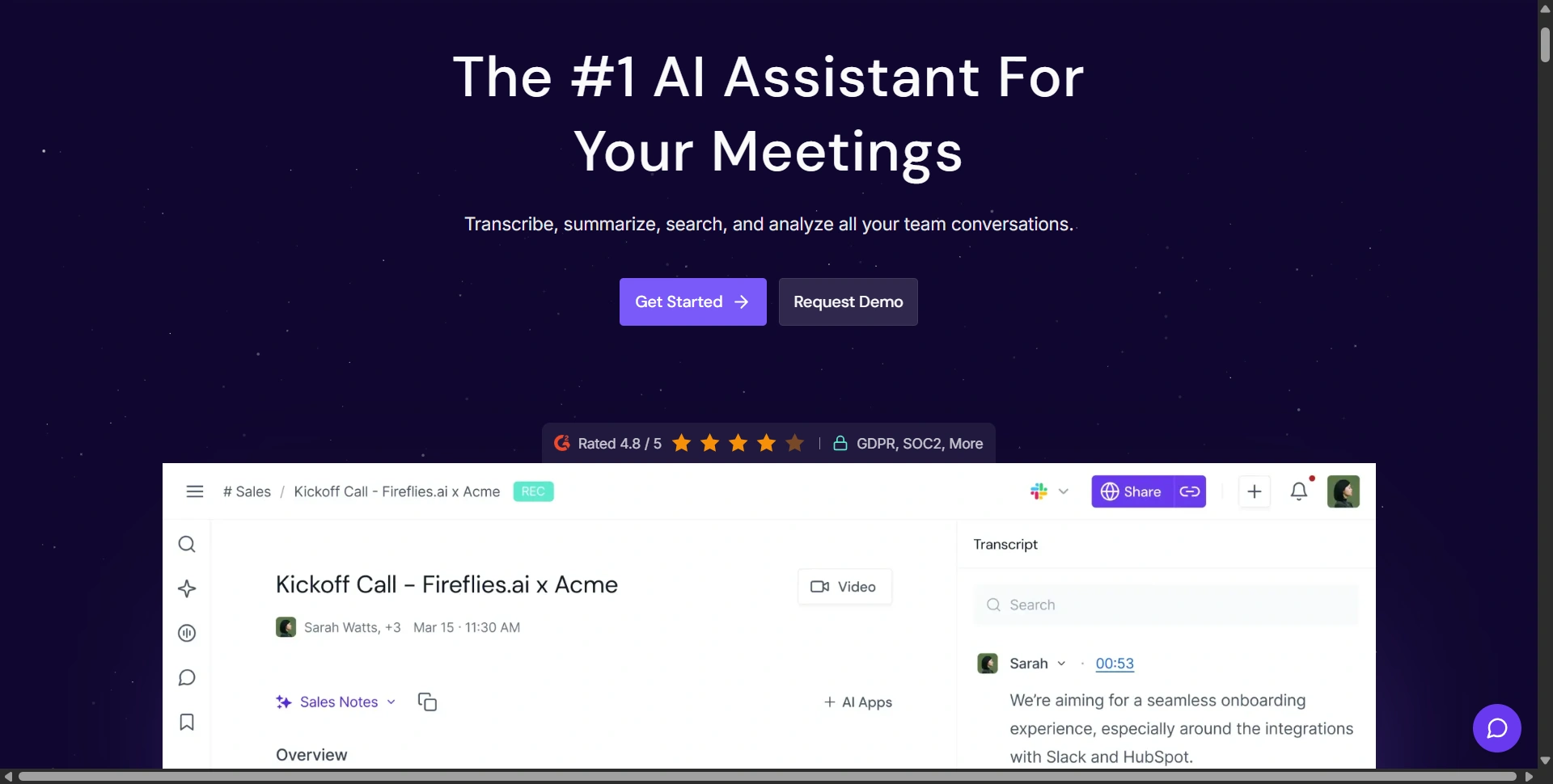 Fireflies.ai homepage showing its AI meeting and workflow tools