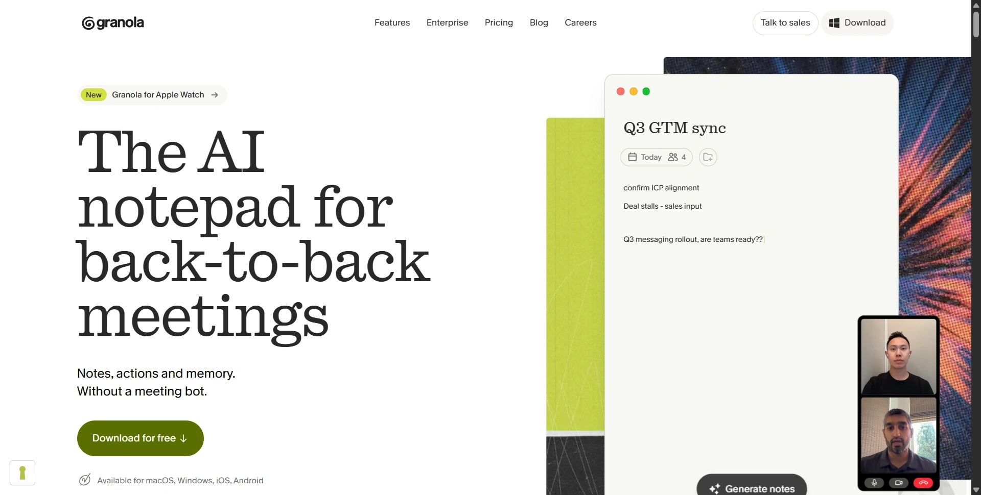 Granola homepage introducing its AI-enhanced meeting notepad