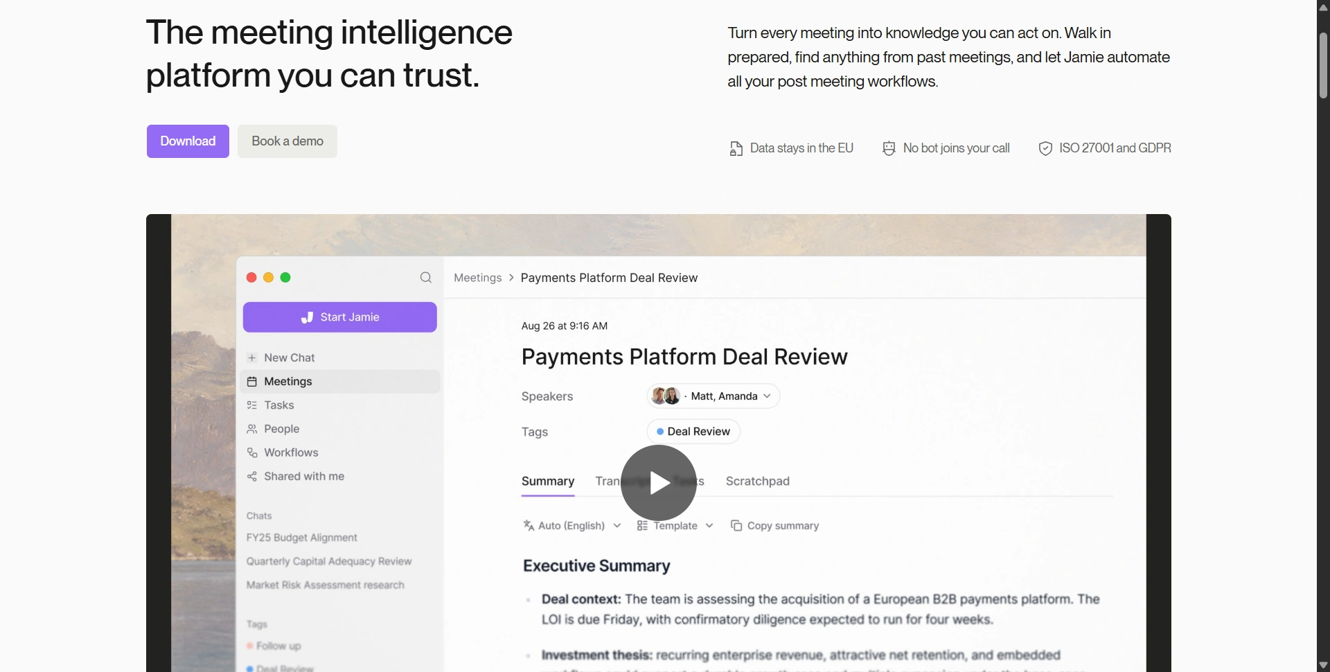 Jamie homepage presenting its bot-free meeting intelligence platform