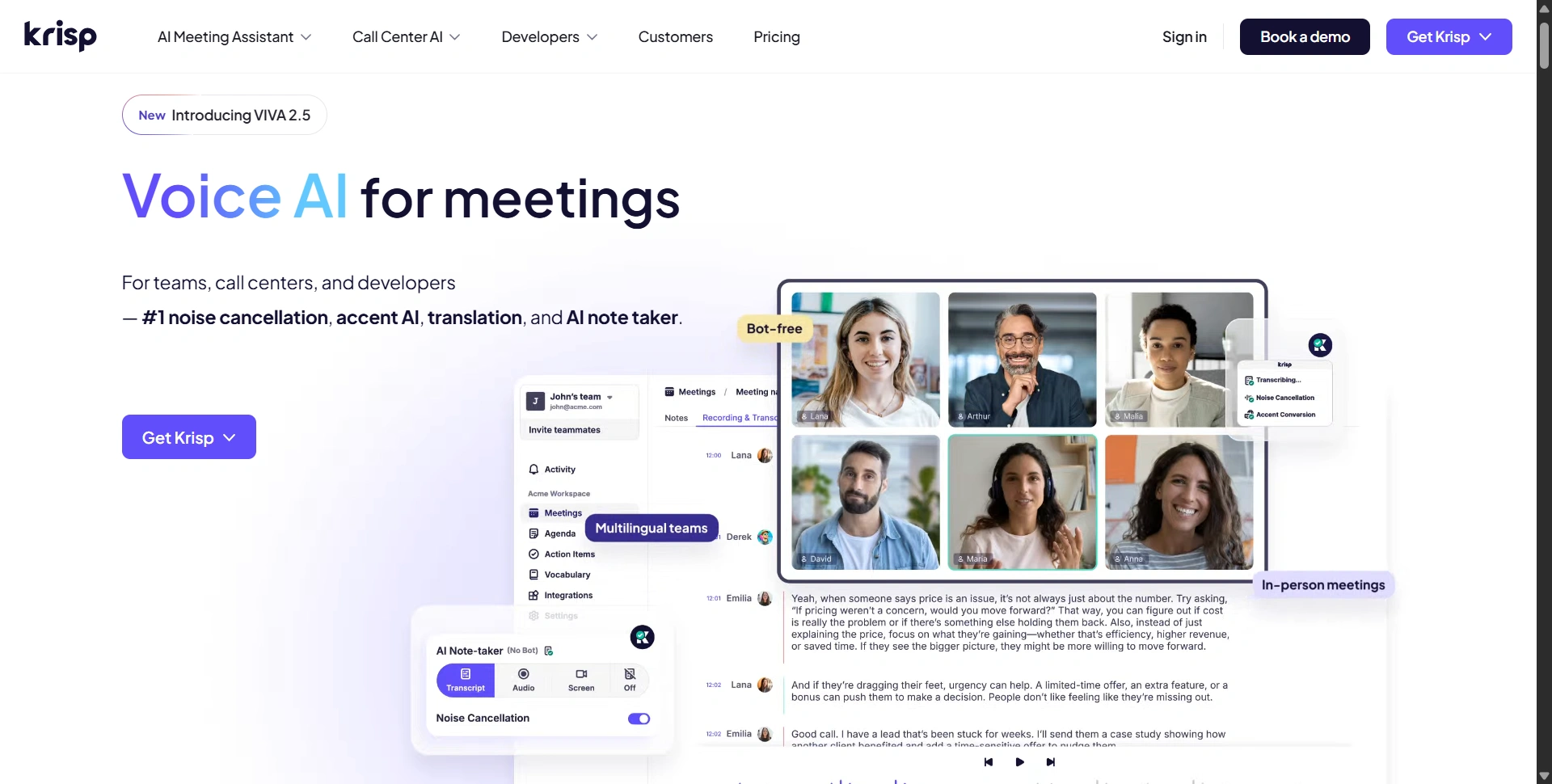 Krisp homepage presenting noise cancellation and AI meeting tools