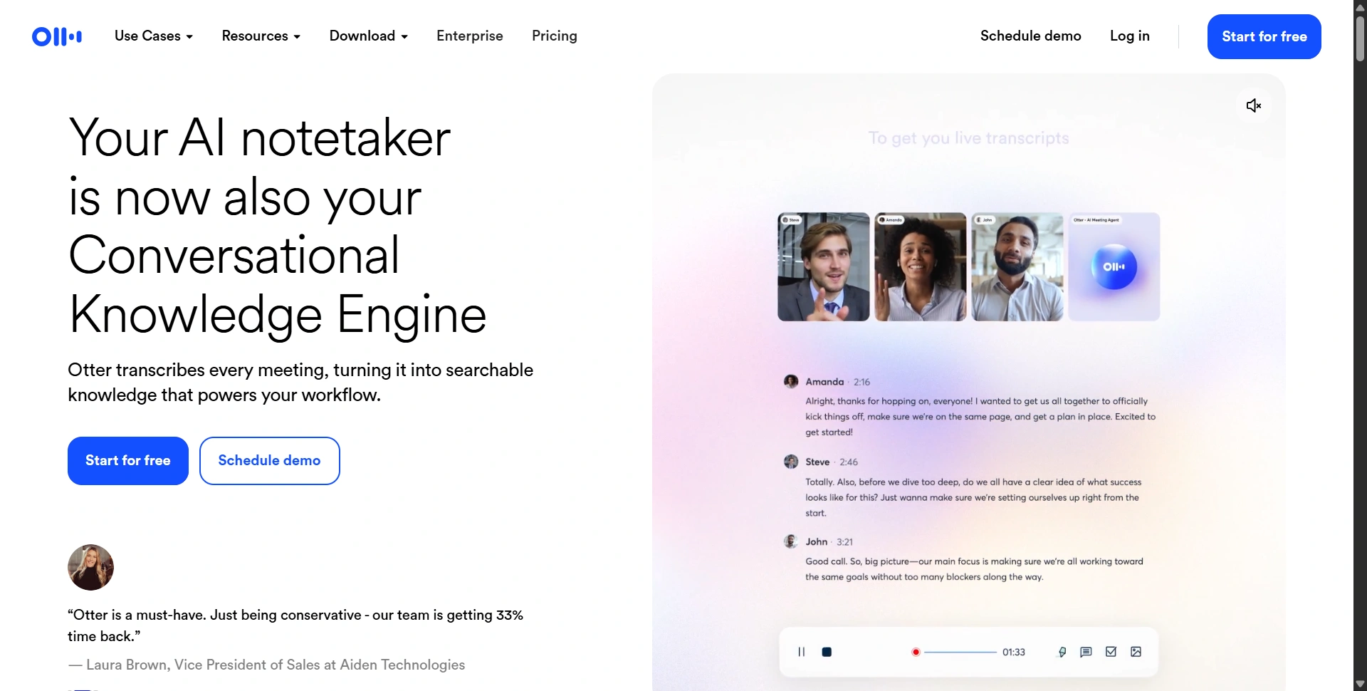 Otter.ai homepage presenting its meeting transcription and AI assistant