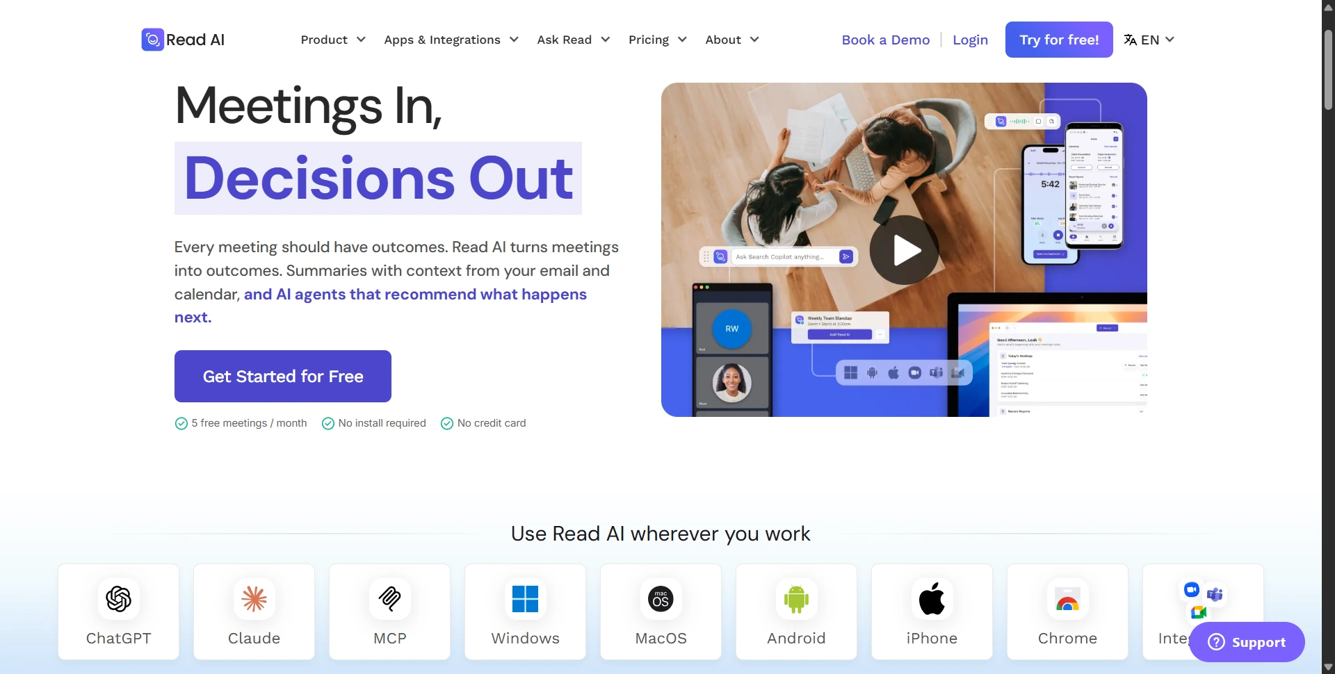 Read AI homepage introducing meeting reports and enterprise search