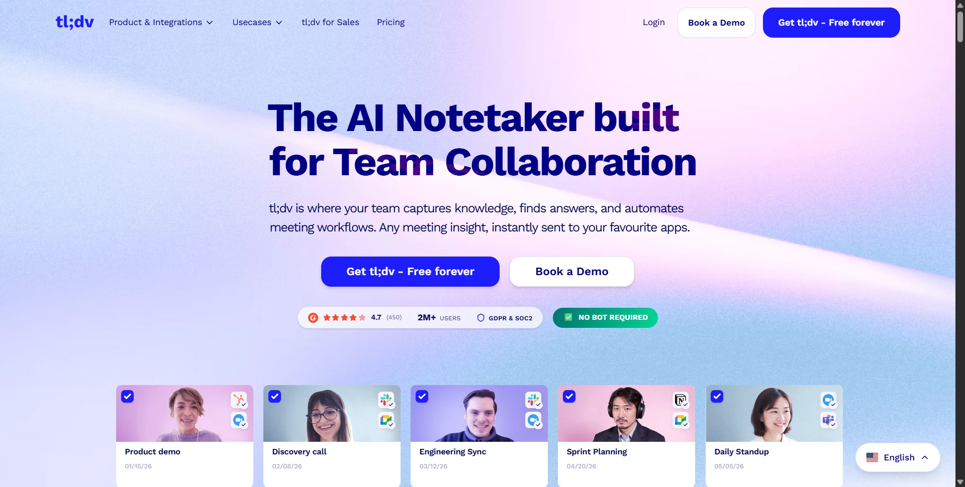 tl;dv homepage introducing meeting recordings, notes, and call intelligence