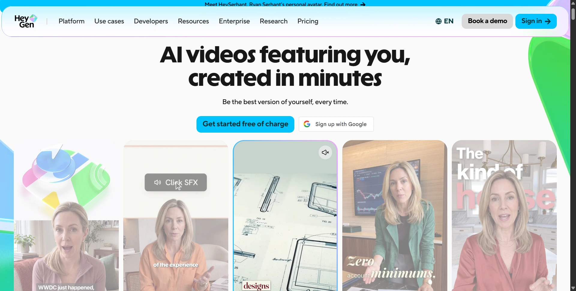HeyGen homepage showing its AI video and avatar creation platform