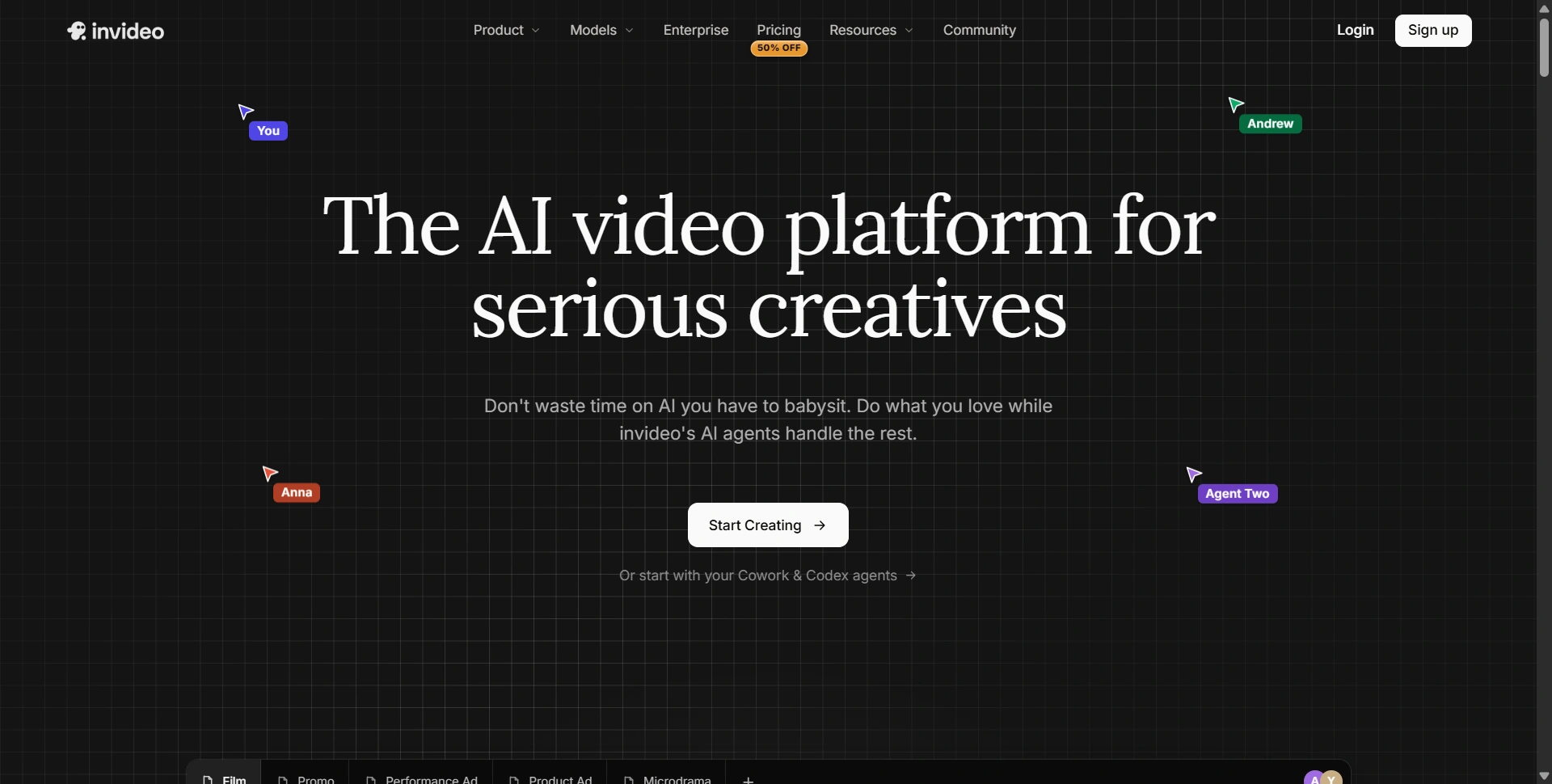 InVideo homepage introducing its AI video creation workflow