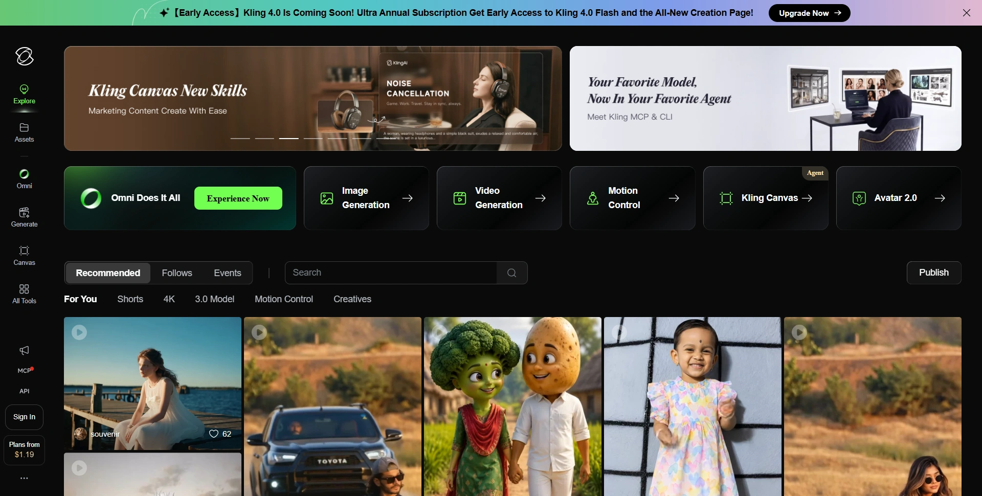 Kling AI website showing its video generation platform