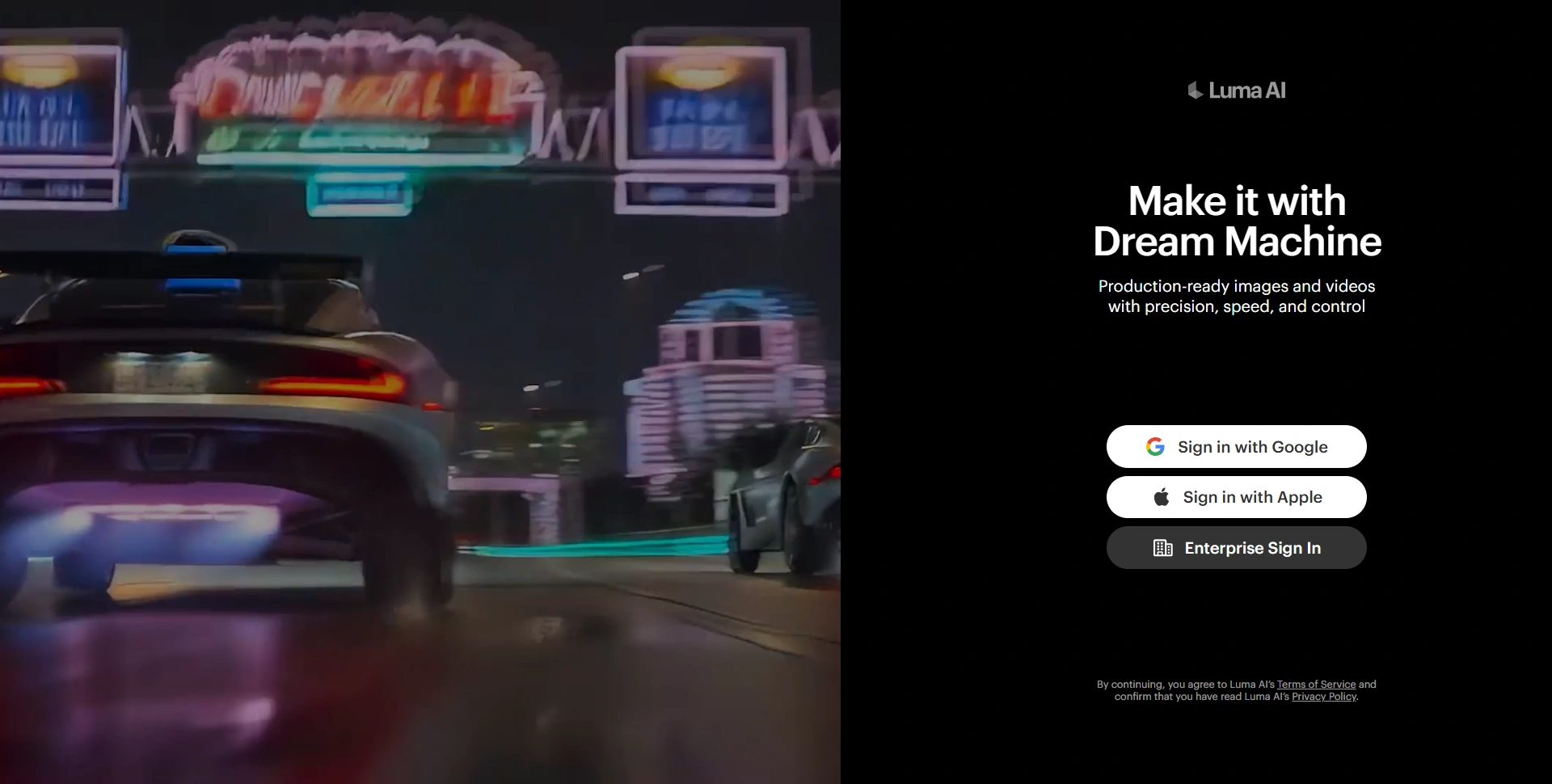 Luma Dream Machine homepage showing its AI visual creation product