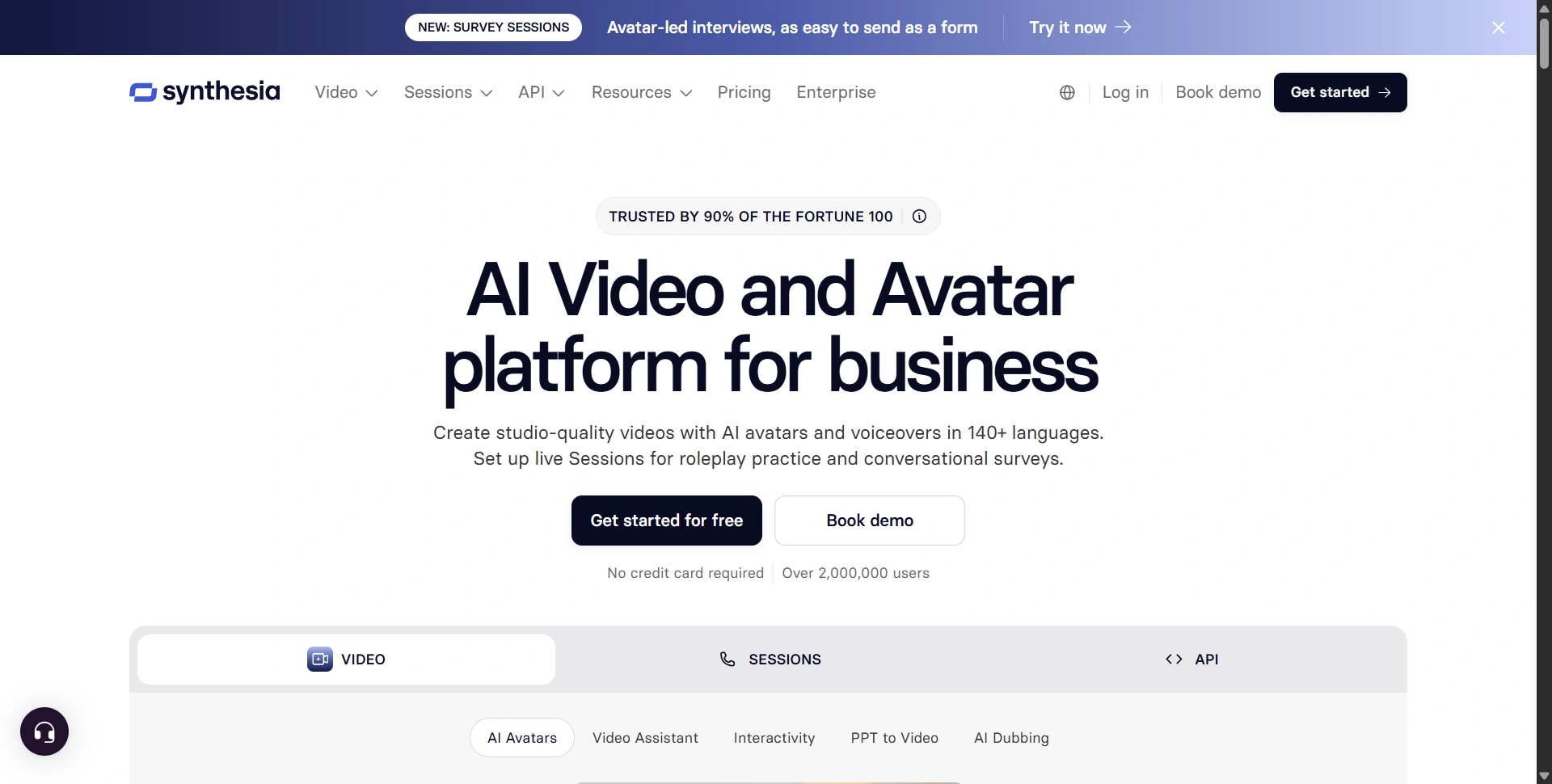Synthesia homepage showing its AI video and avatar platform for business