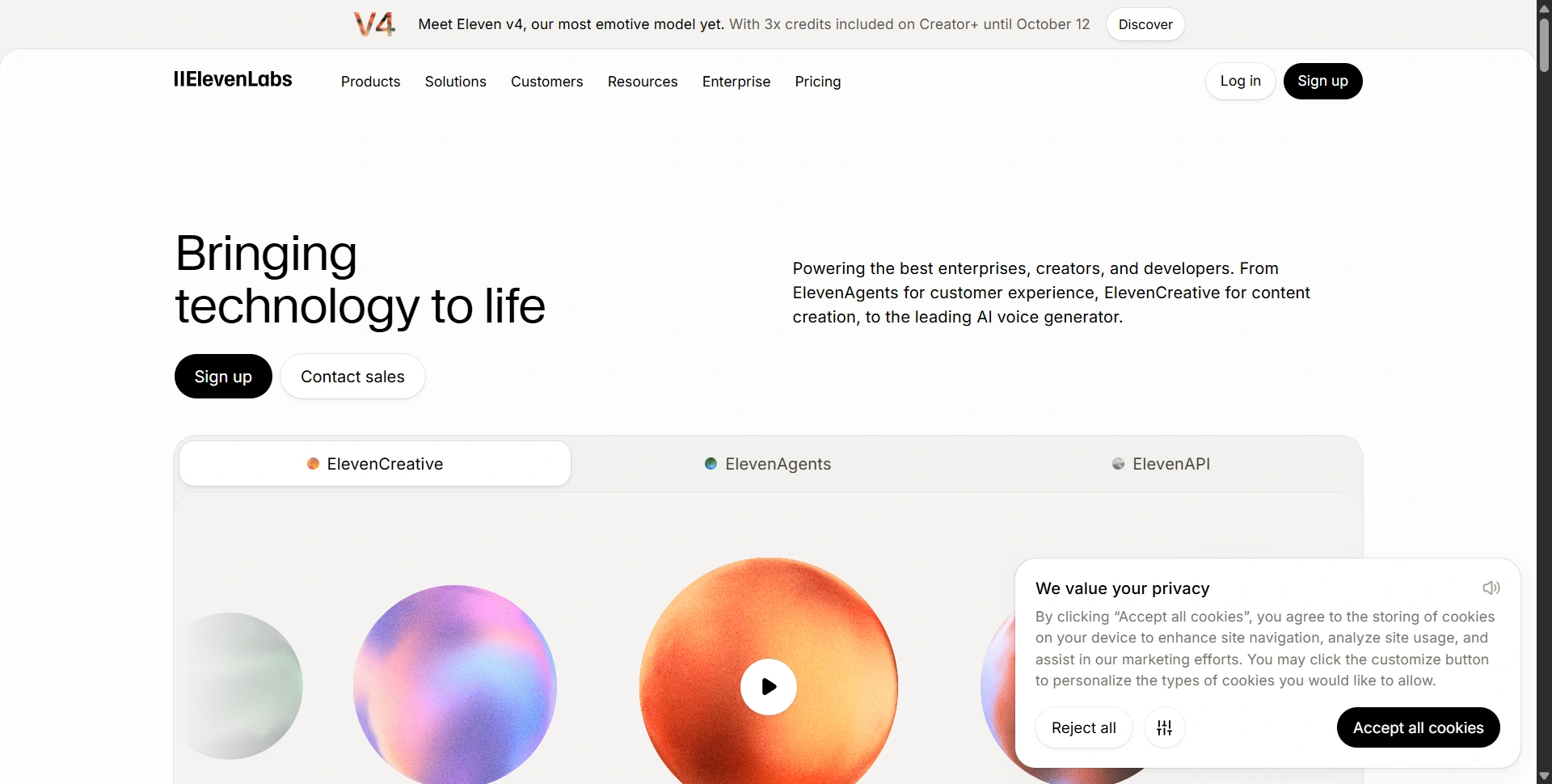 ElevenLabs website presenting its AI audio and voice tools