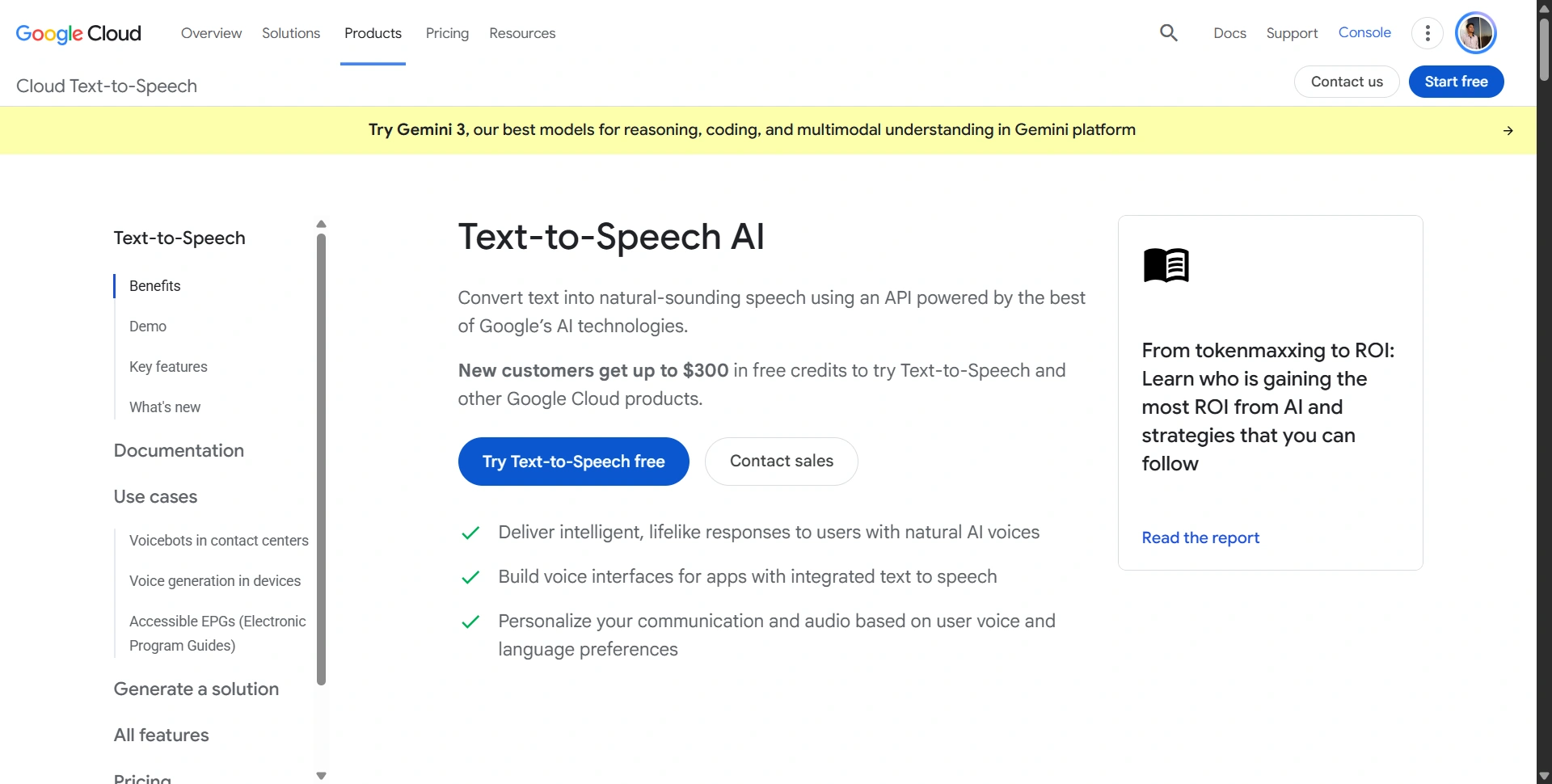 Google Cloud Text-to-Speech product page showing its speech synthesis service