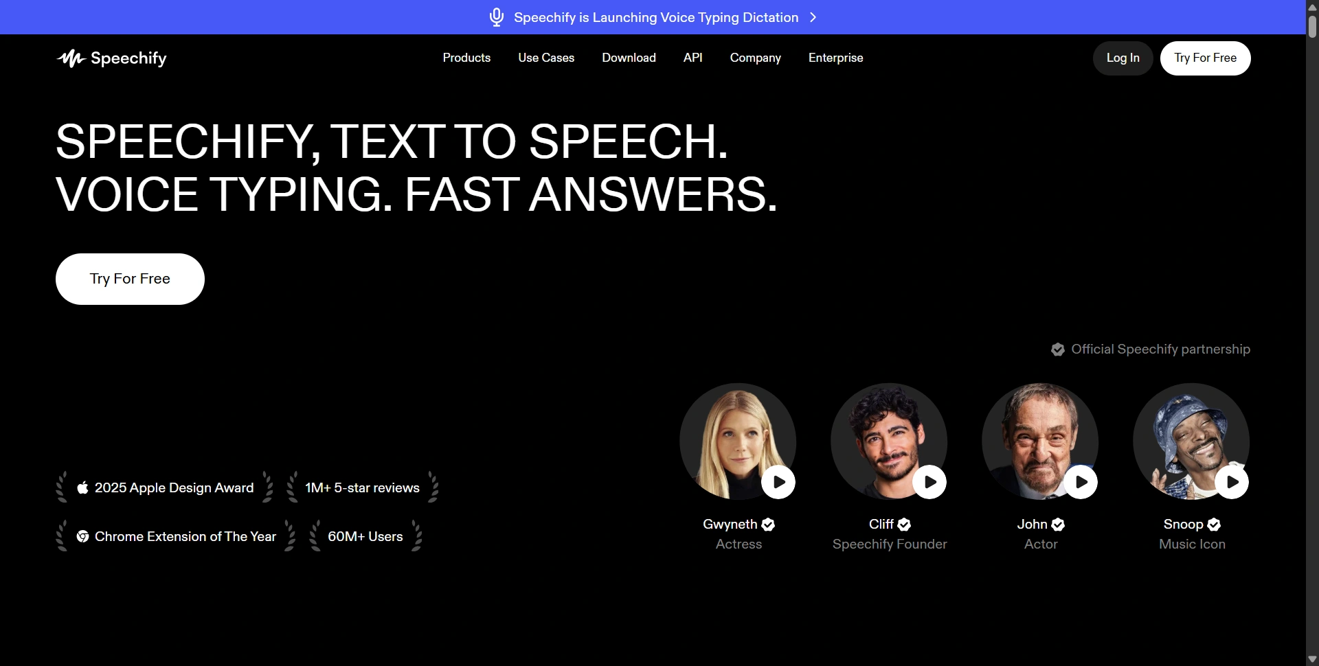 Speechify website presenting its AI speech and voice tools