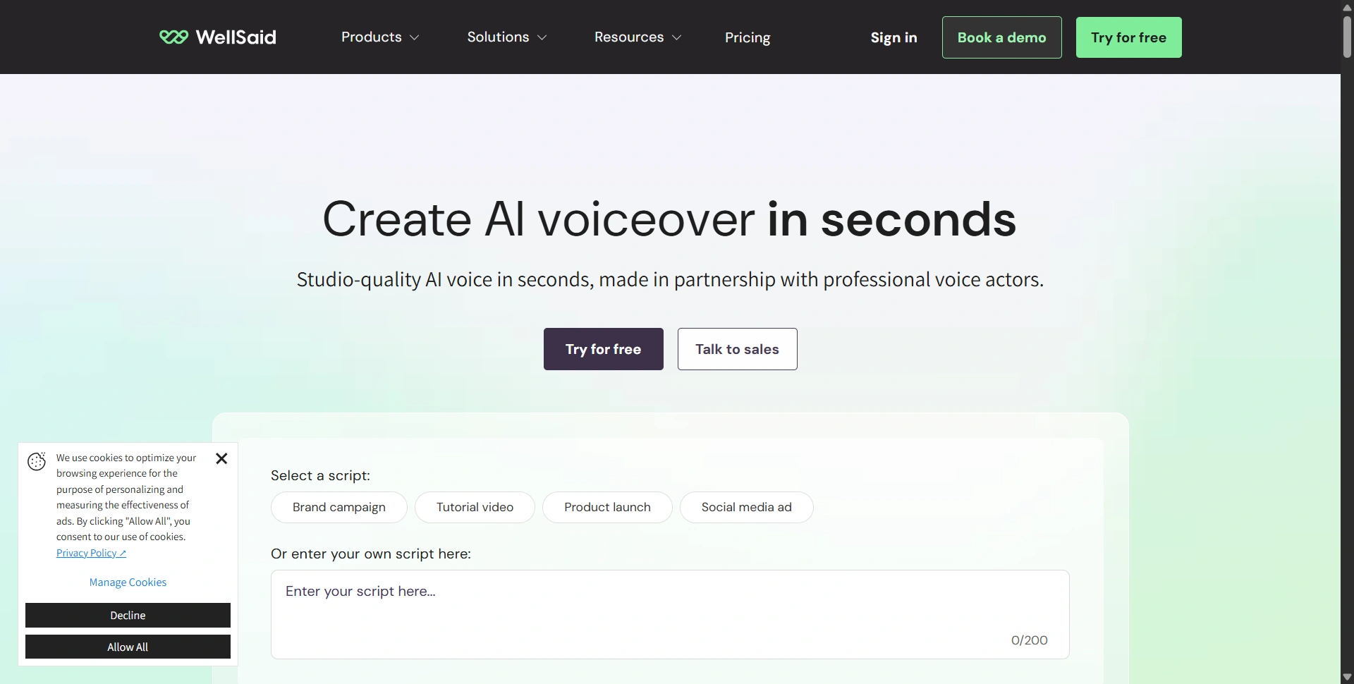 WellSaid website presenting its AI voice studio