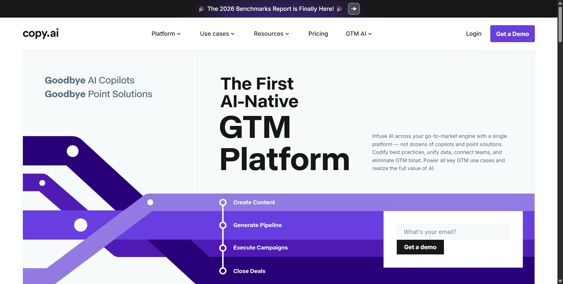 Copy.ai homepage introducing its go-to-market AI platform