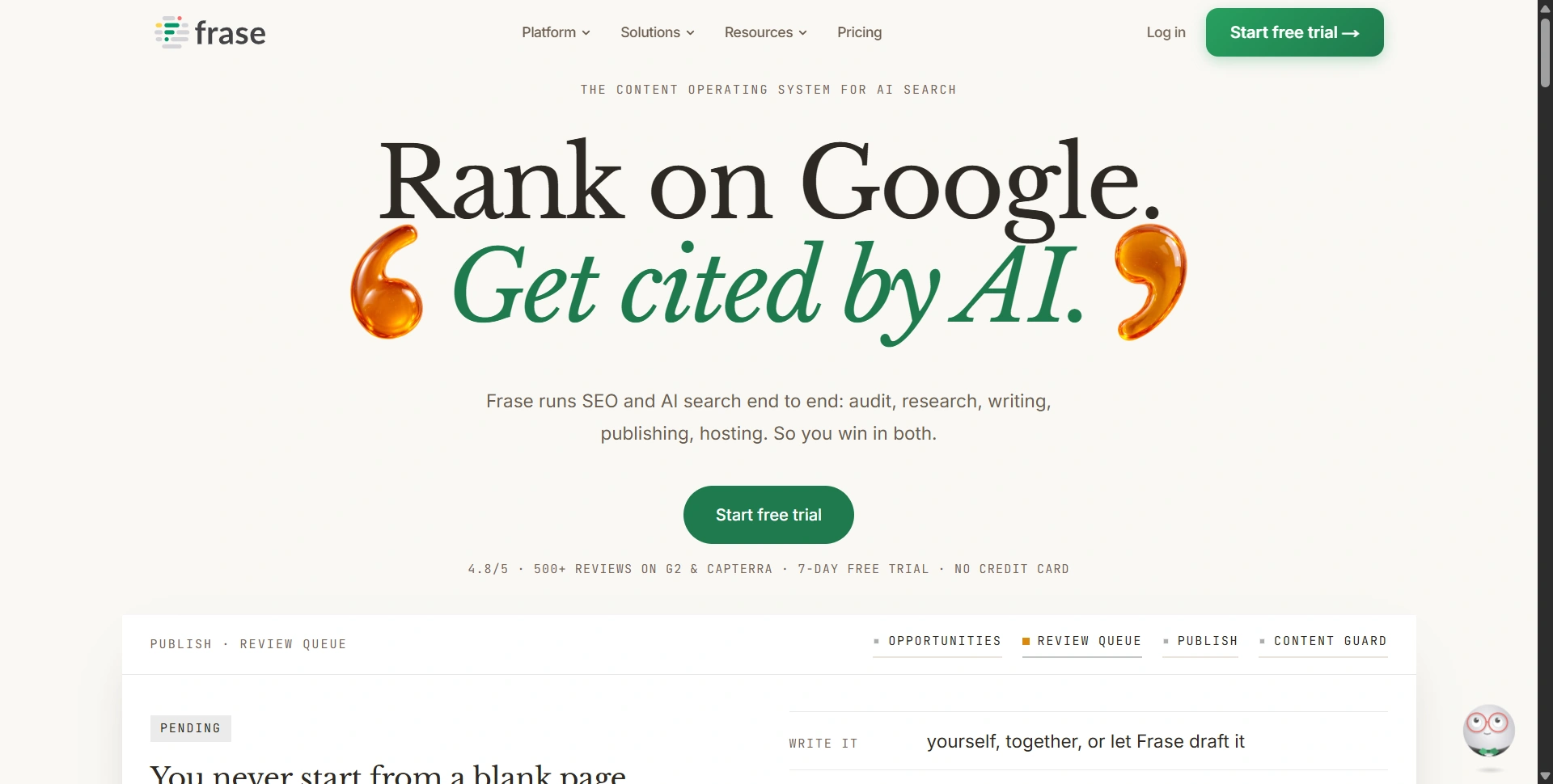Frase homepage introducing its SEO and AI search content platform