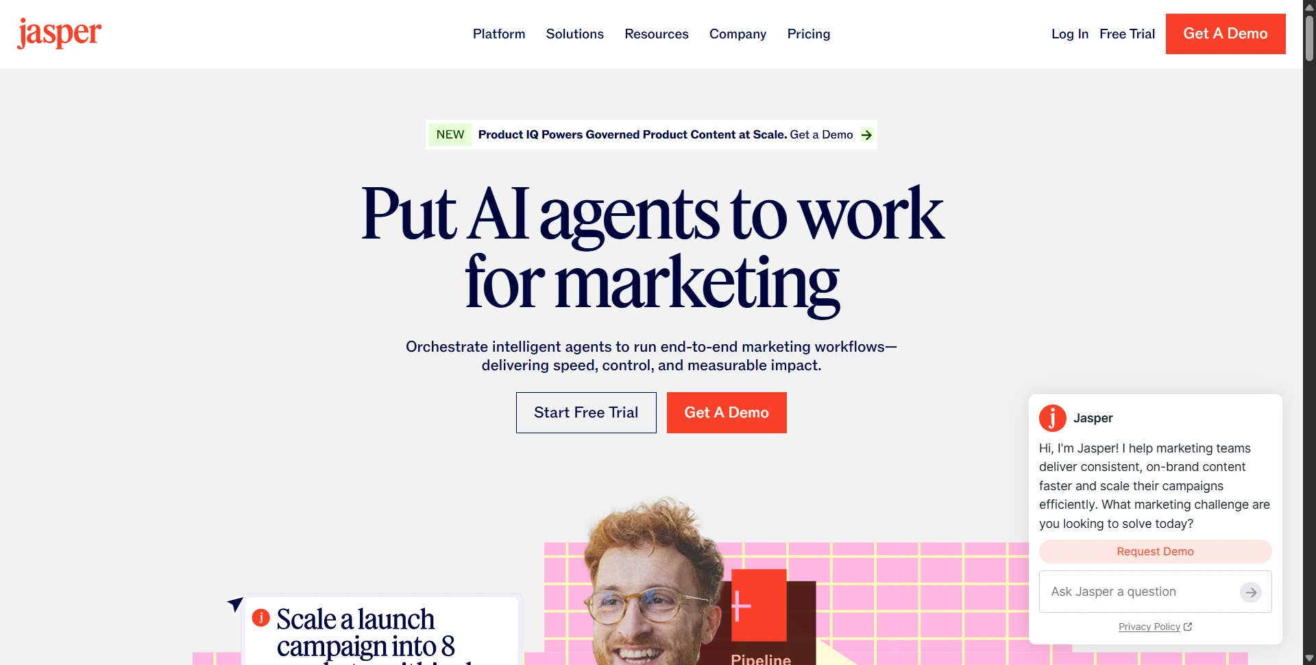 Jasper homepage presenting its AI marketing platform
