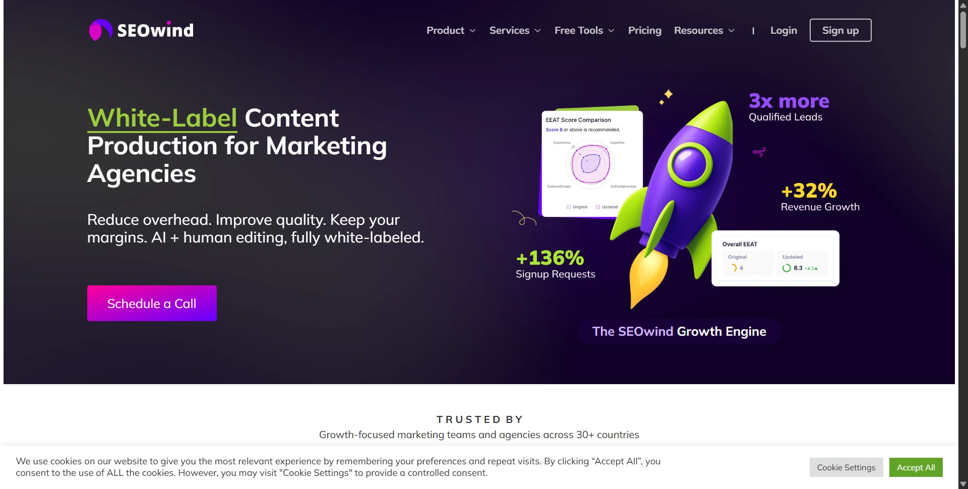 SEOwind homepage showing its AI-assisted content production offering