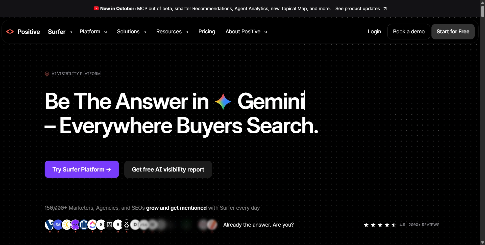 Surfer SEO homepage presenting its content optimization and AI visibility tools