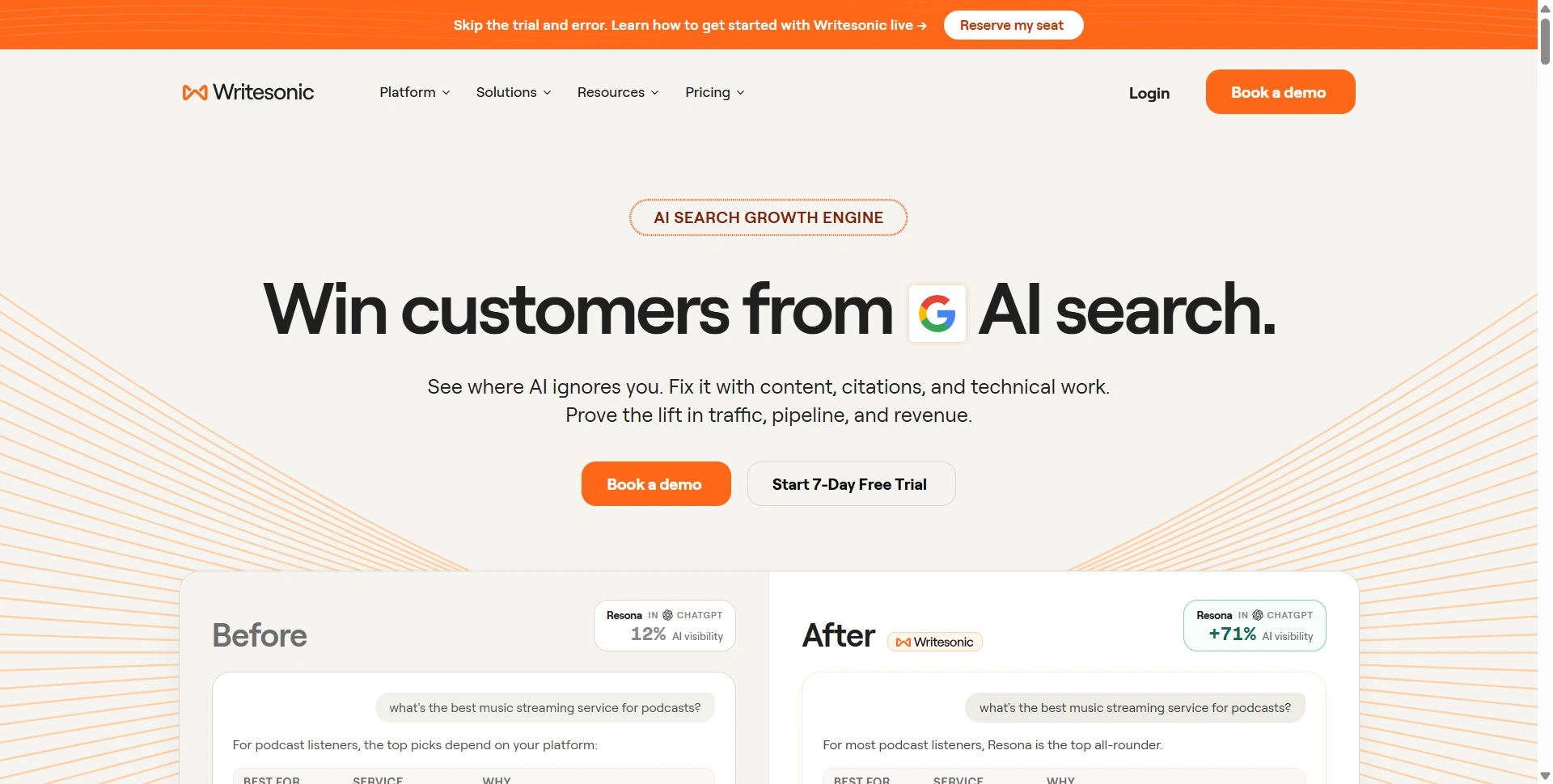 Writesonic homepage displaying its AI content and search visibility platform