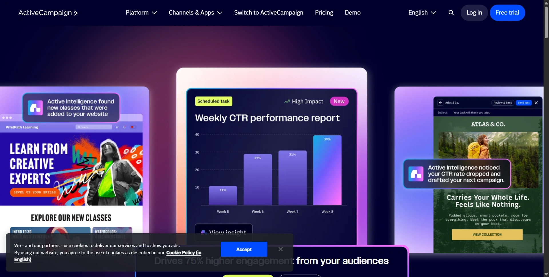 ActiveCampaign website presenting email marketing and automation
