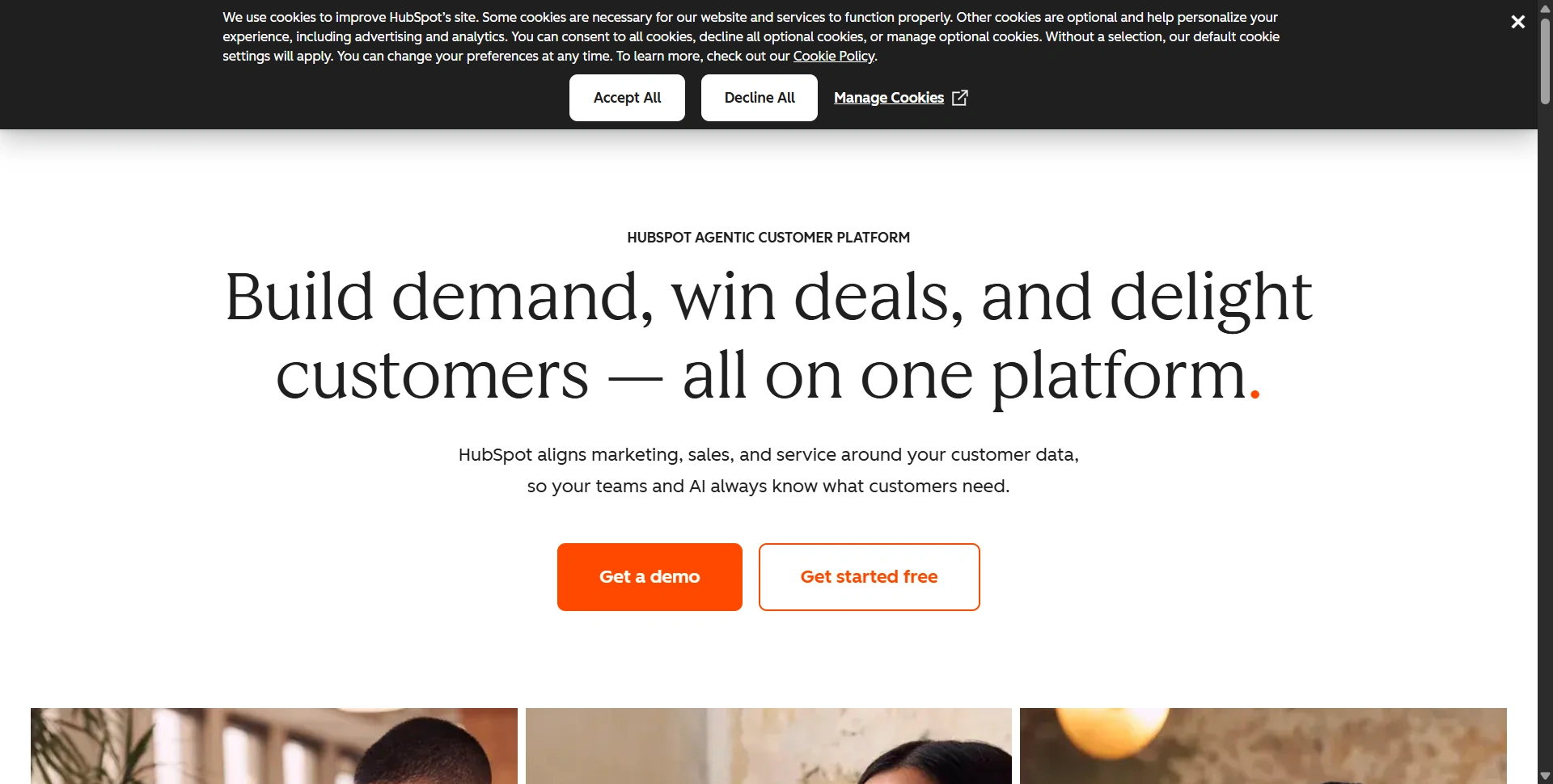 HubSpot website presenting its customer platform and marketing tools