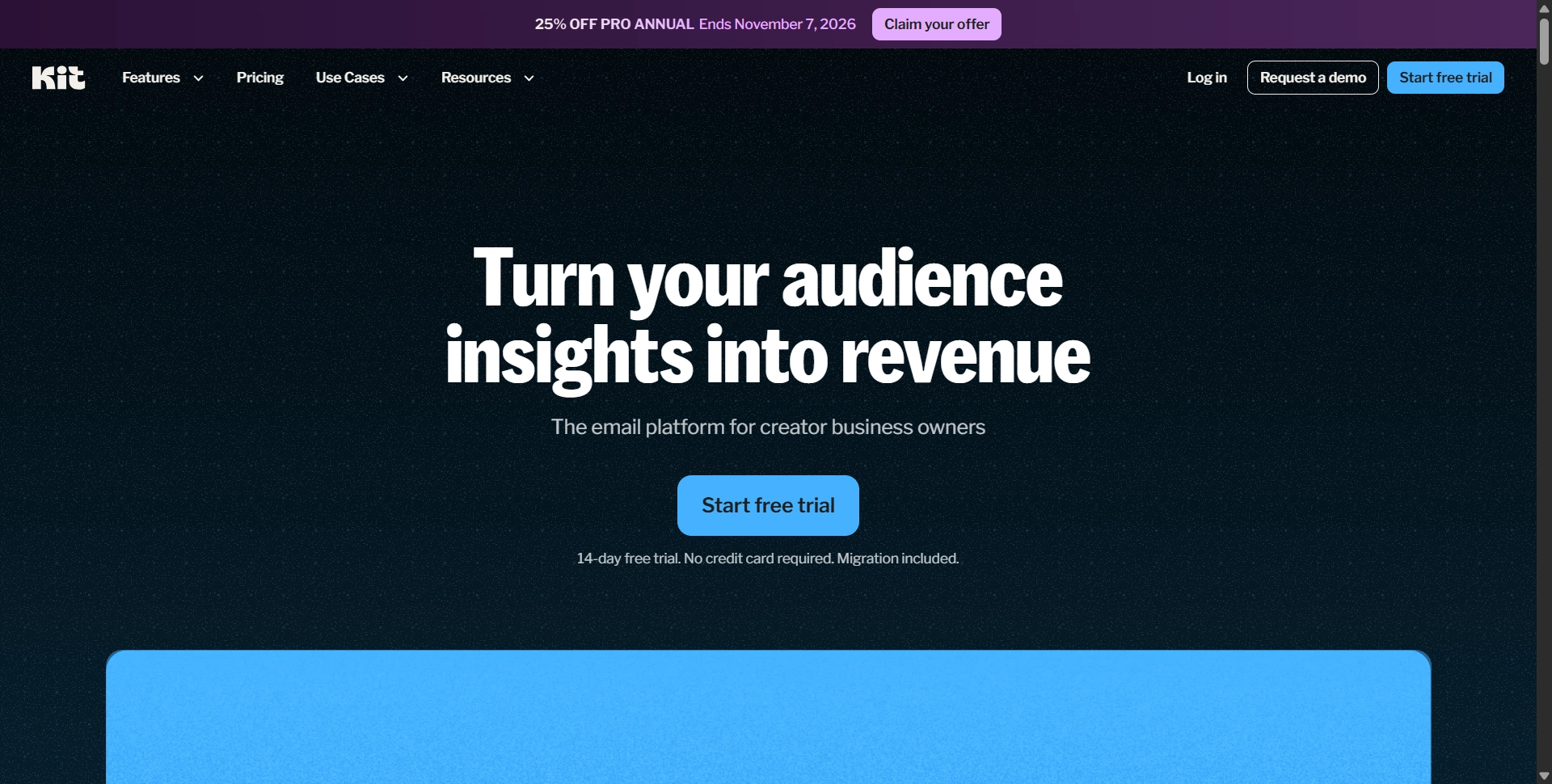 Kit website introducing email marketing and audience growth tools for creators