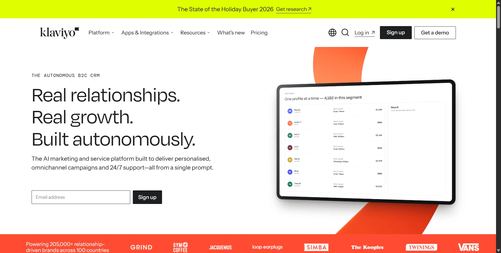 Klaviyo website introducing customer data and ecommerce marketing tools