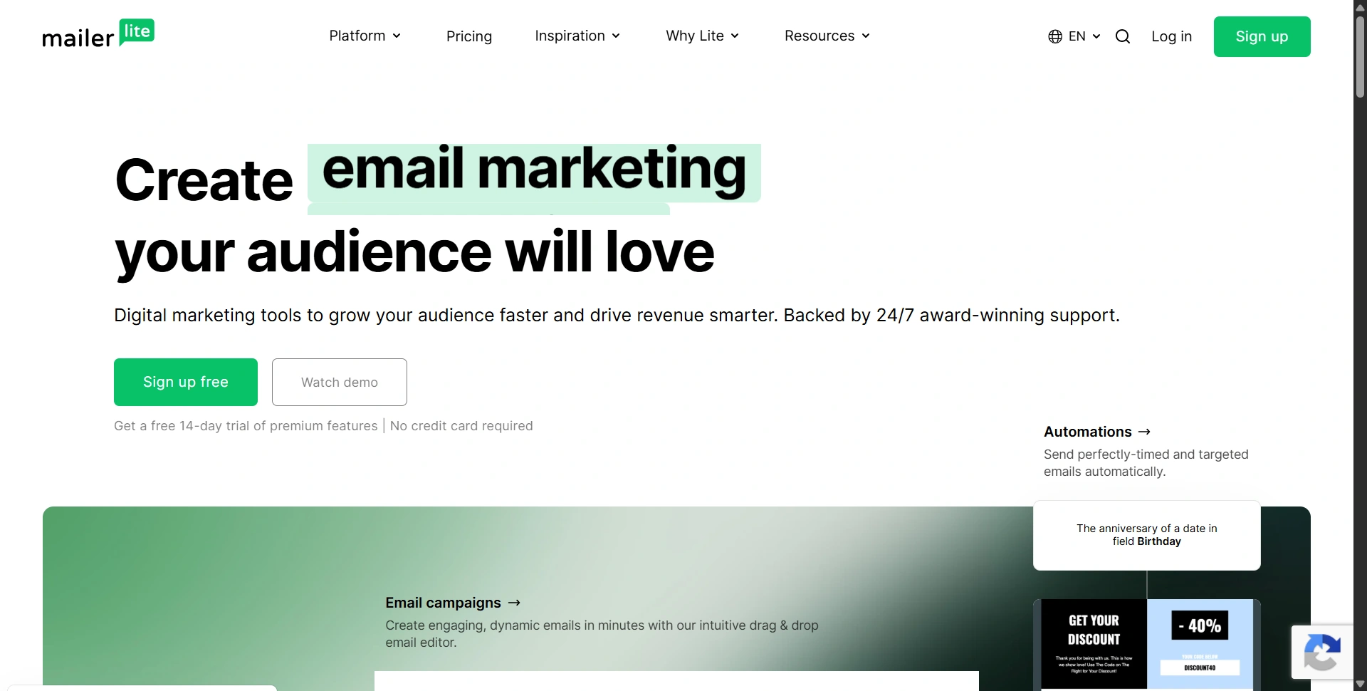 MailerLite website presenting newsletters, automations, and landing pages
