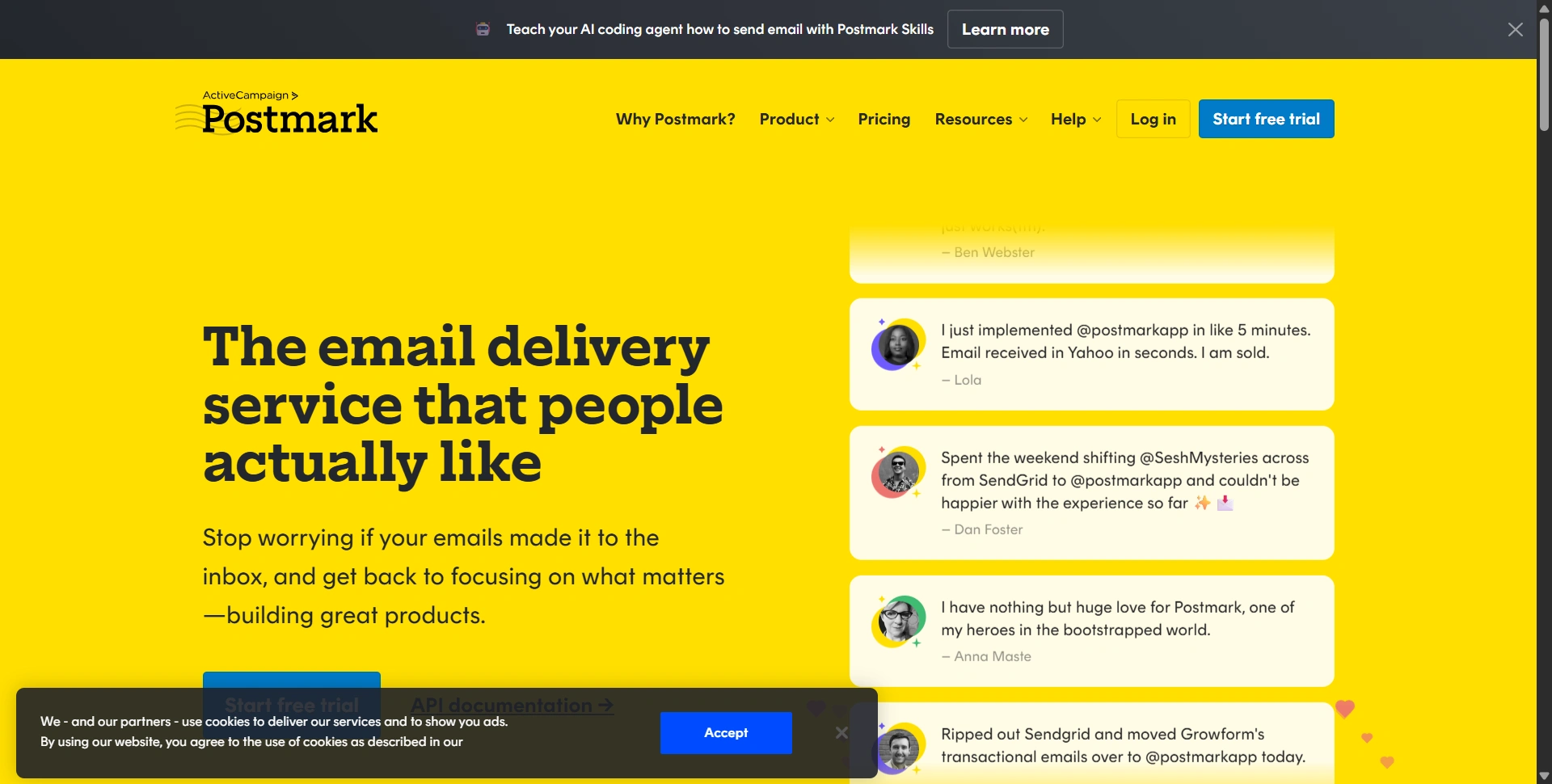 Postmark website introducing its transactional email delivery service