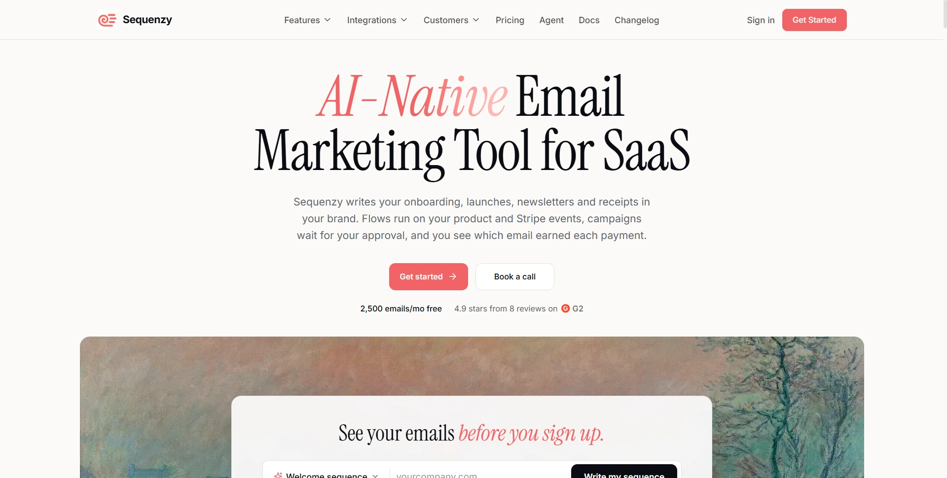 Sequenzy website presenting email marketing and automation for SaaS