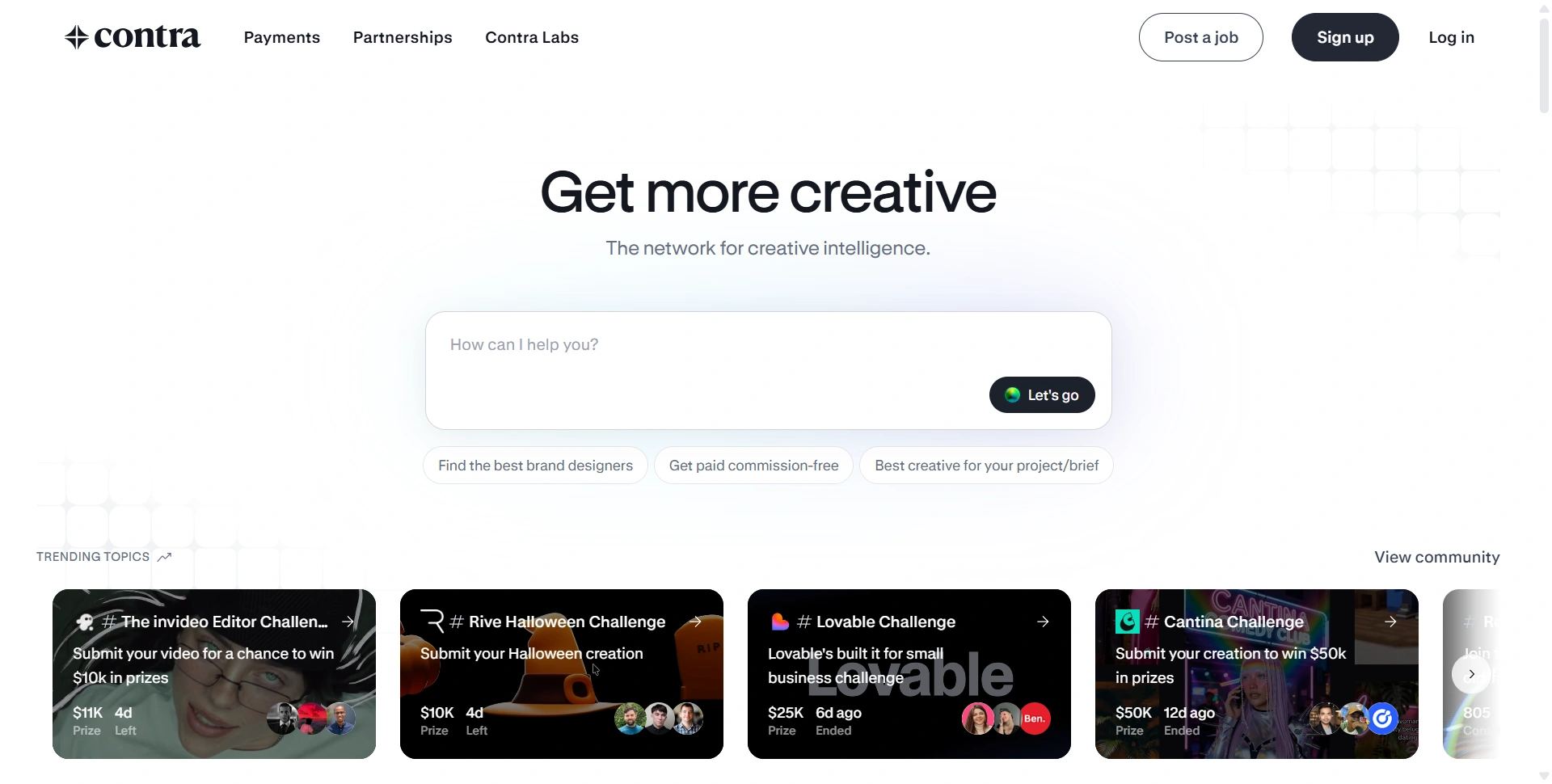 Contra homepage showcasing its creative professional network
