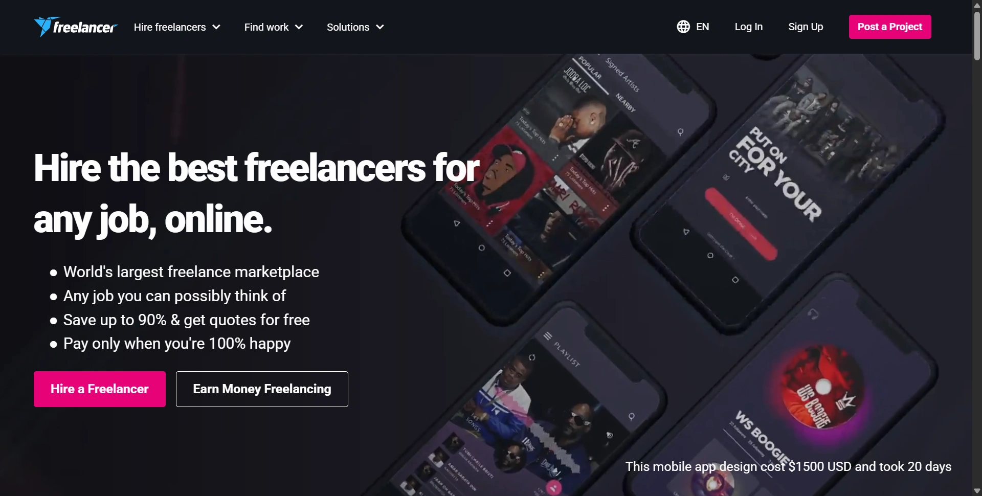Freelancer homepage presenting its freelance hiring platform