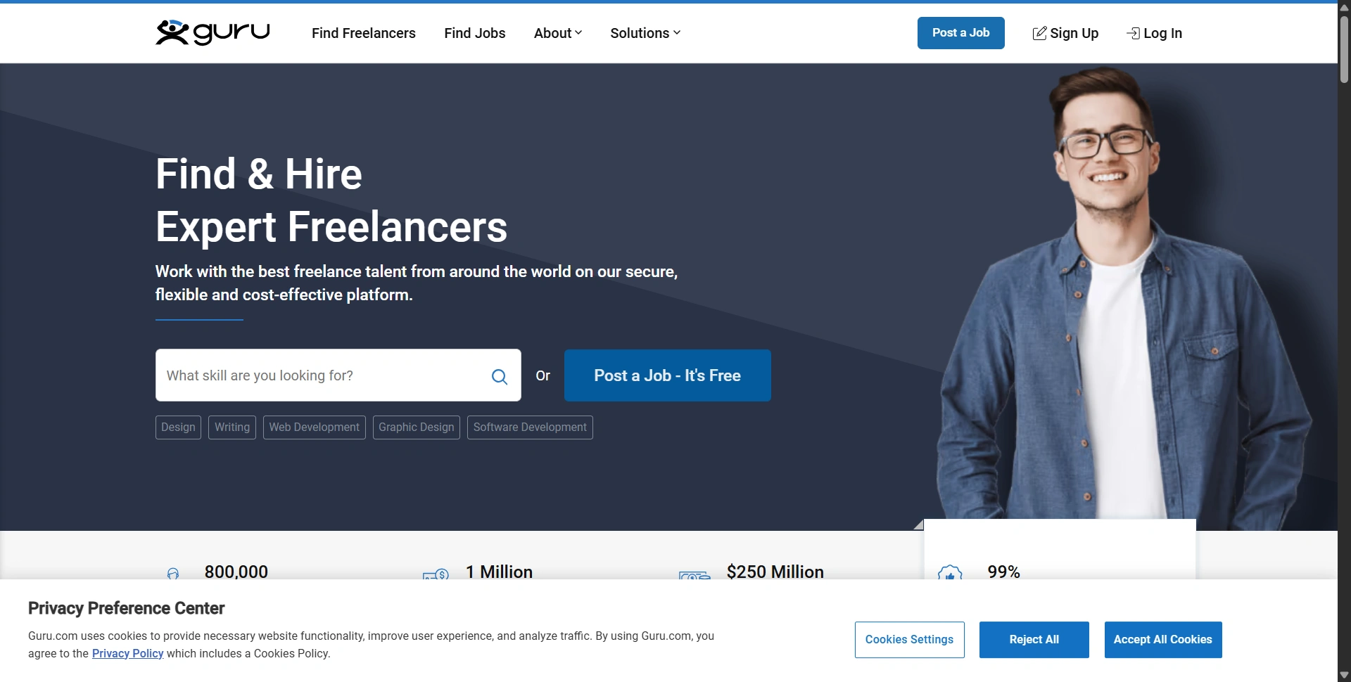 Guru homepage presenting its freelance hiring and collaboration platform