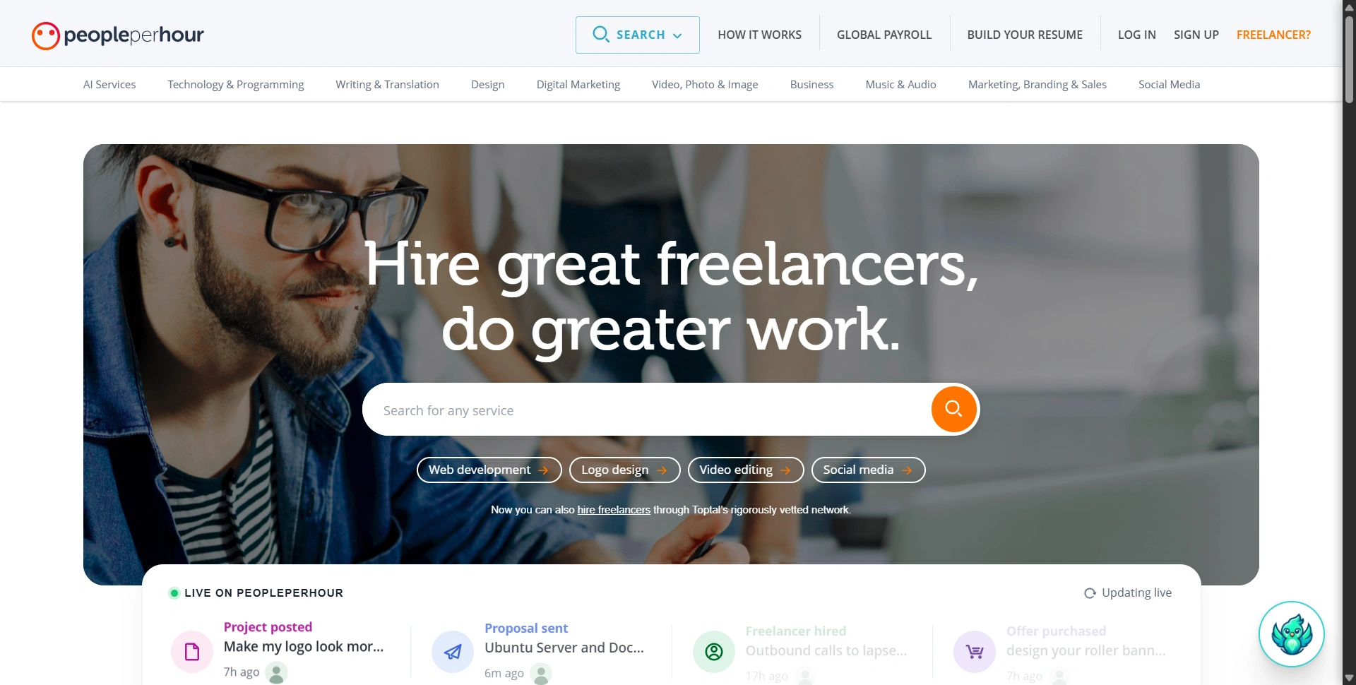 PeoplePerHour homepage introducing its freelance services marketplace