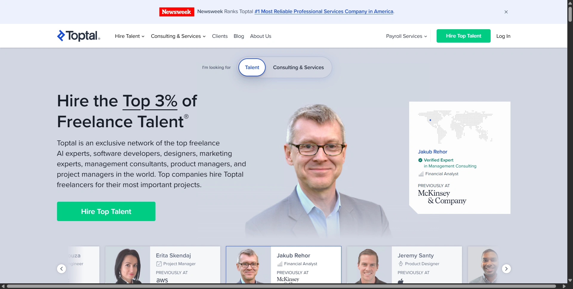 Toptal homepage presenting its professional freelance talent network