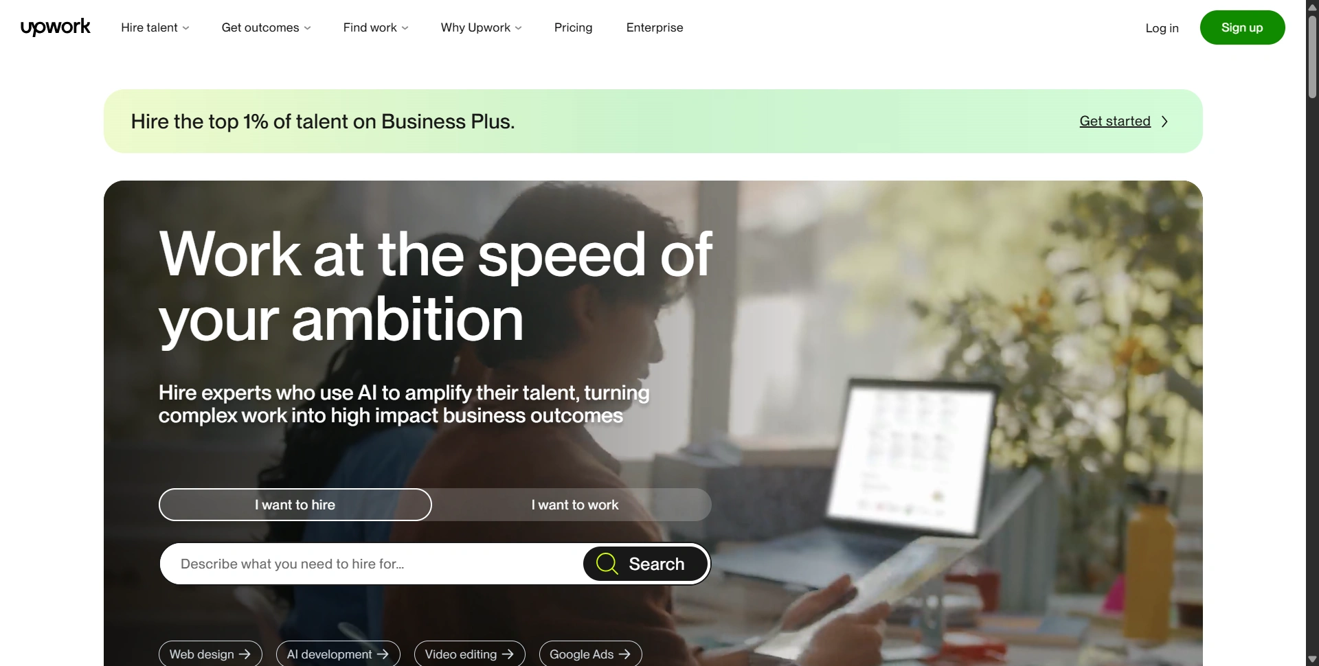 Upwork homepage showing its freelance talent marketplace