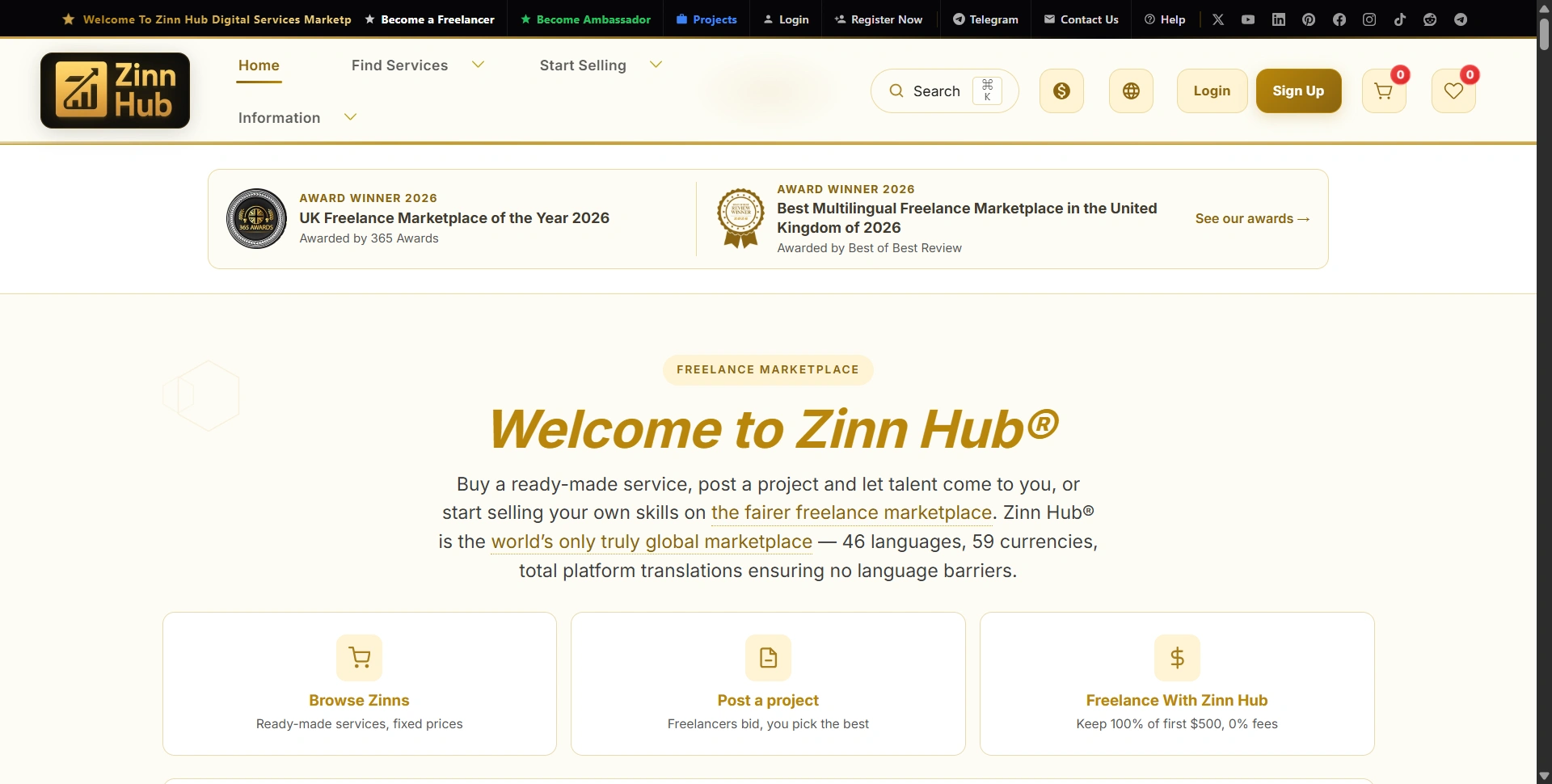 ZinnHub homepage showing ready-made services, project posting, and freelancer registration