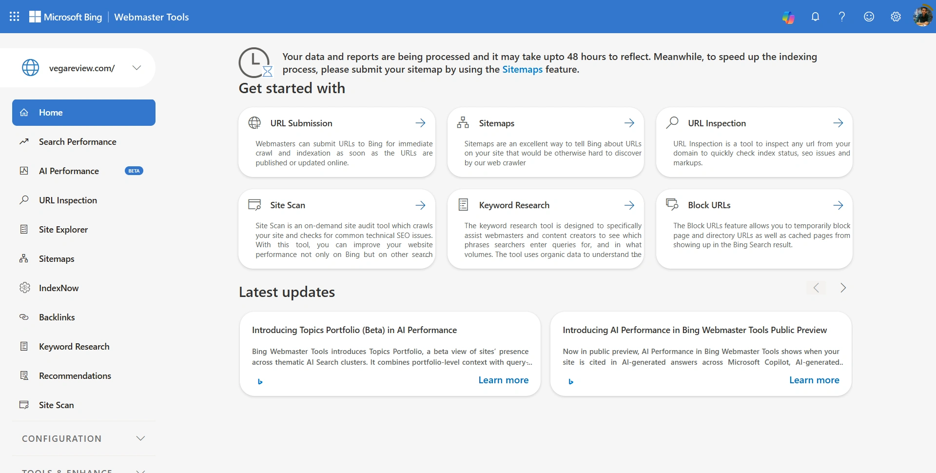 Bing Webmaster Tools homepage introducing search and website diagnostics