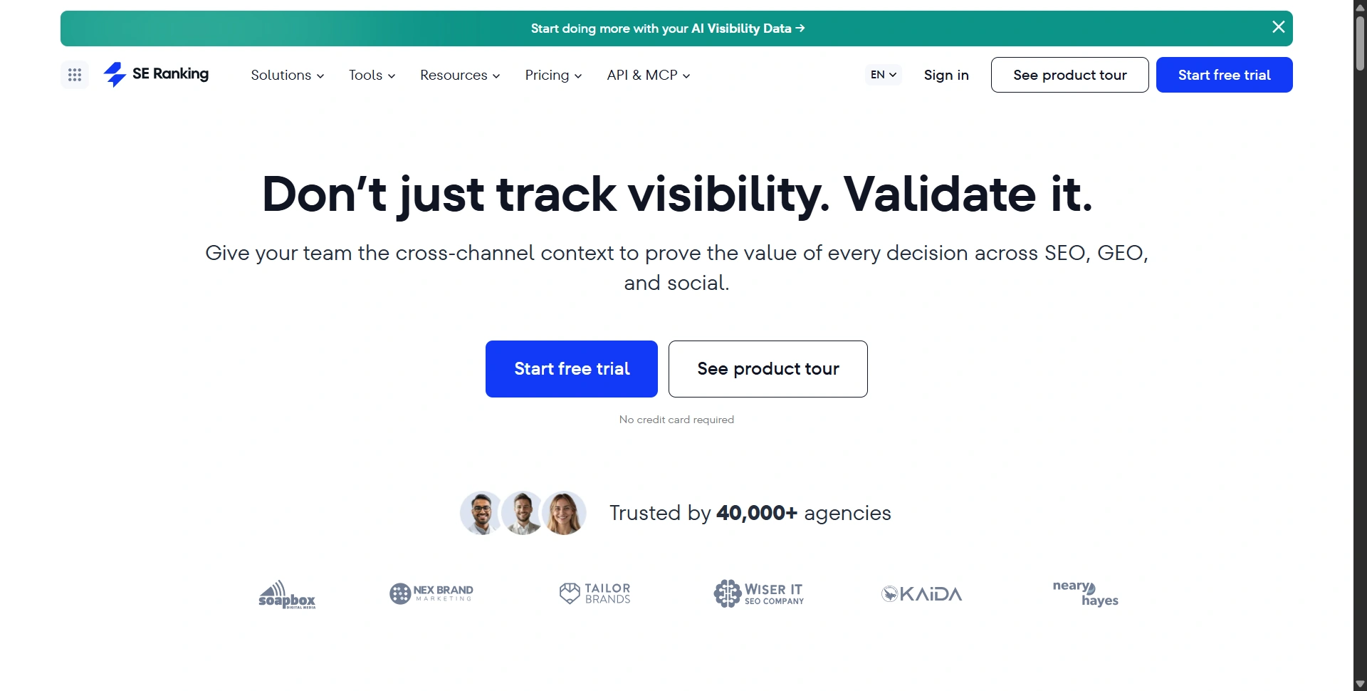 SE Ranking homepage presenting its SEO and visibility toolkit