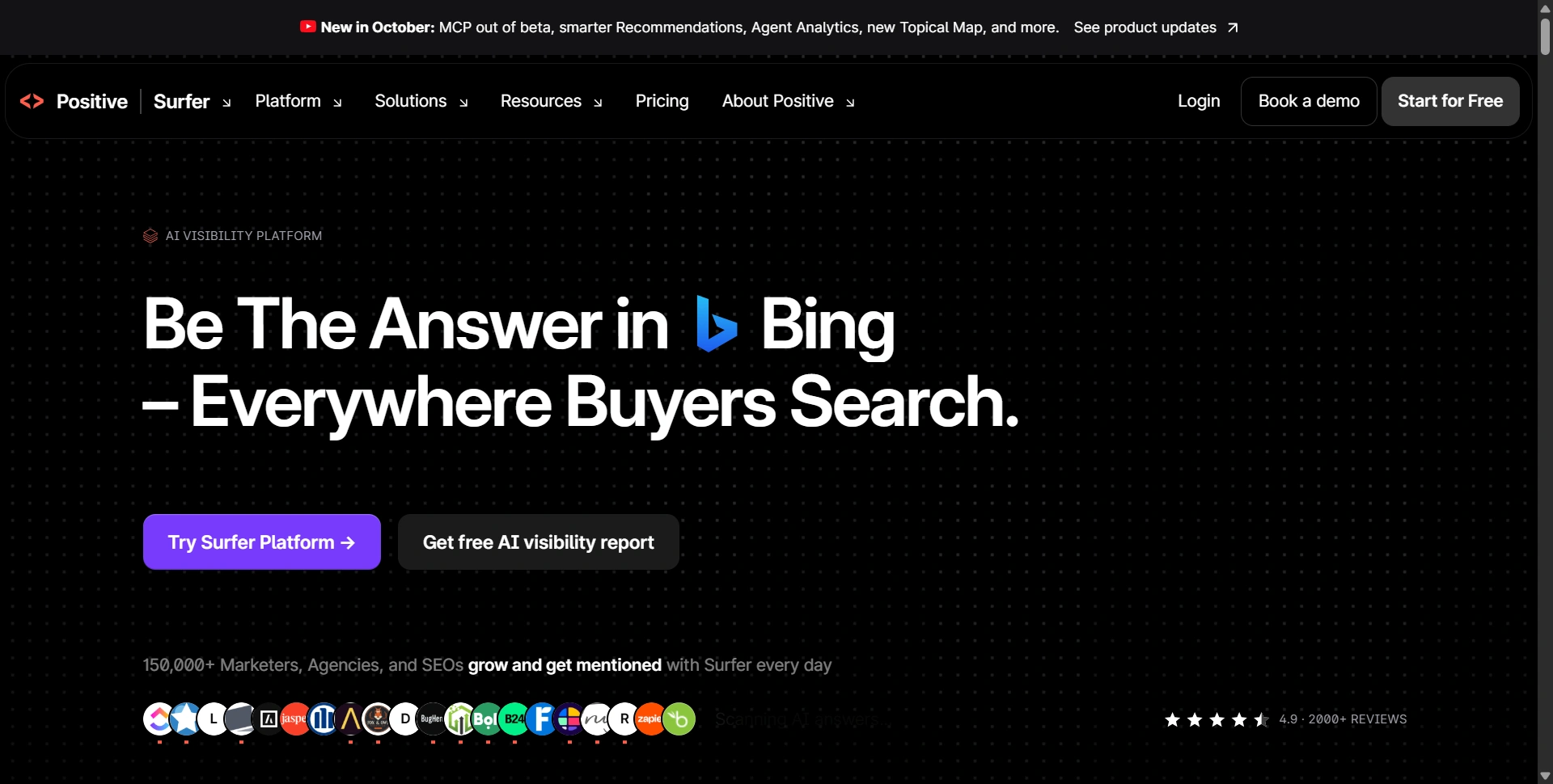 Surfer SEO website presenting content optimization and search visibility tools