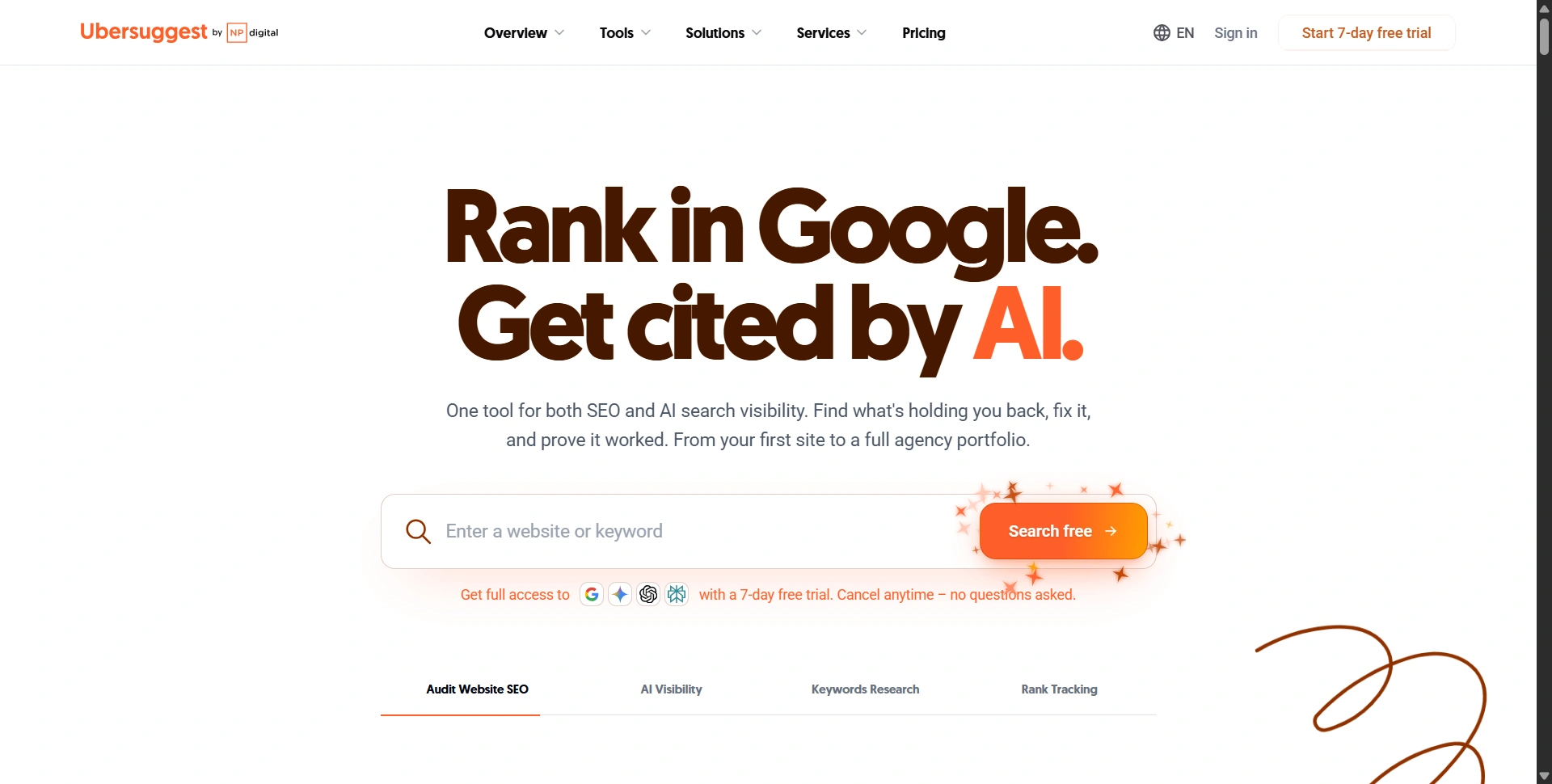 Ubersuggest website introducing keyword and SEO research tools