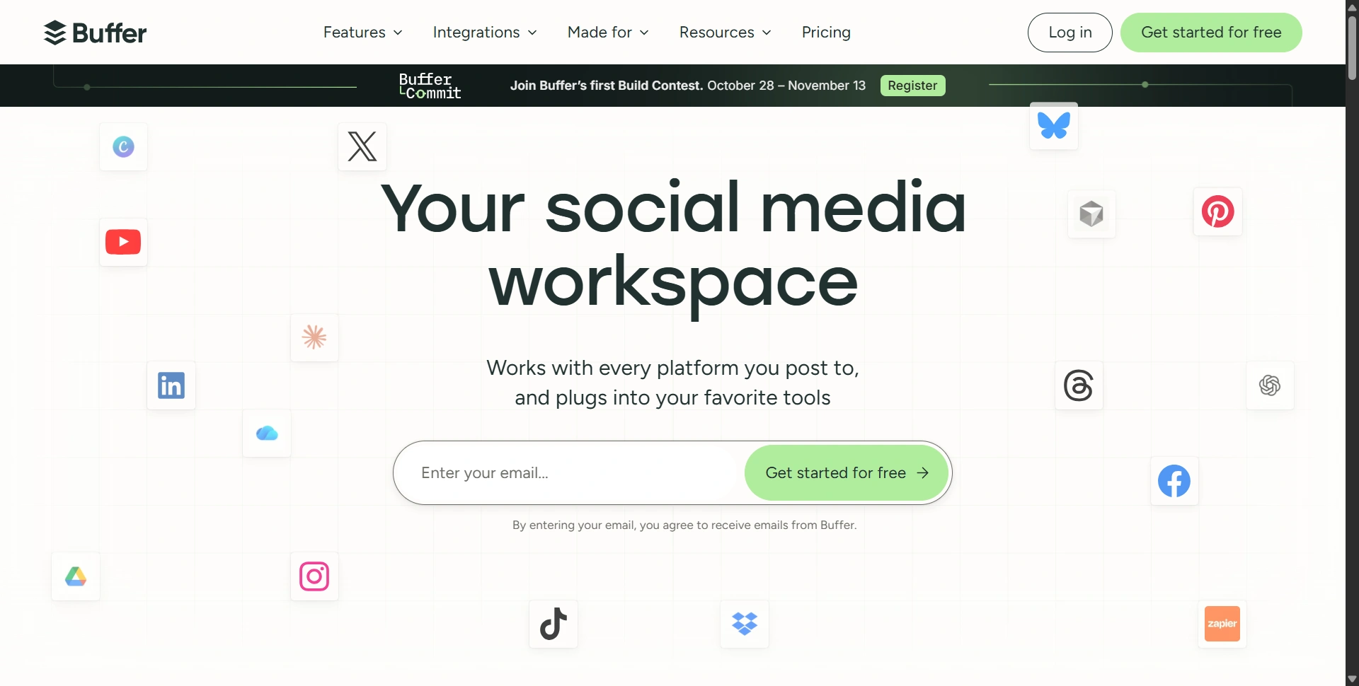 Buffer website showing its social publishing and content planning tools