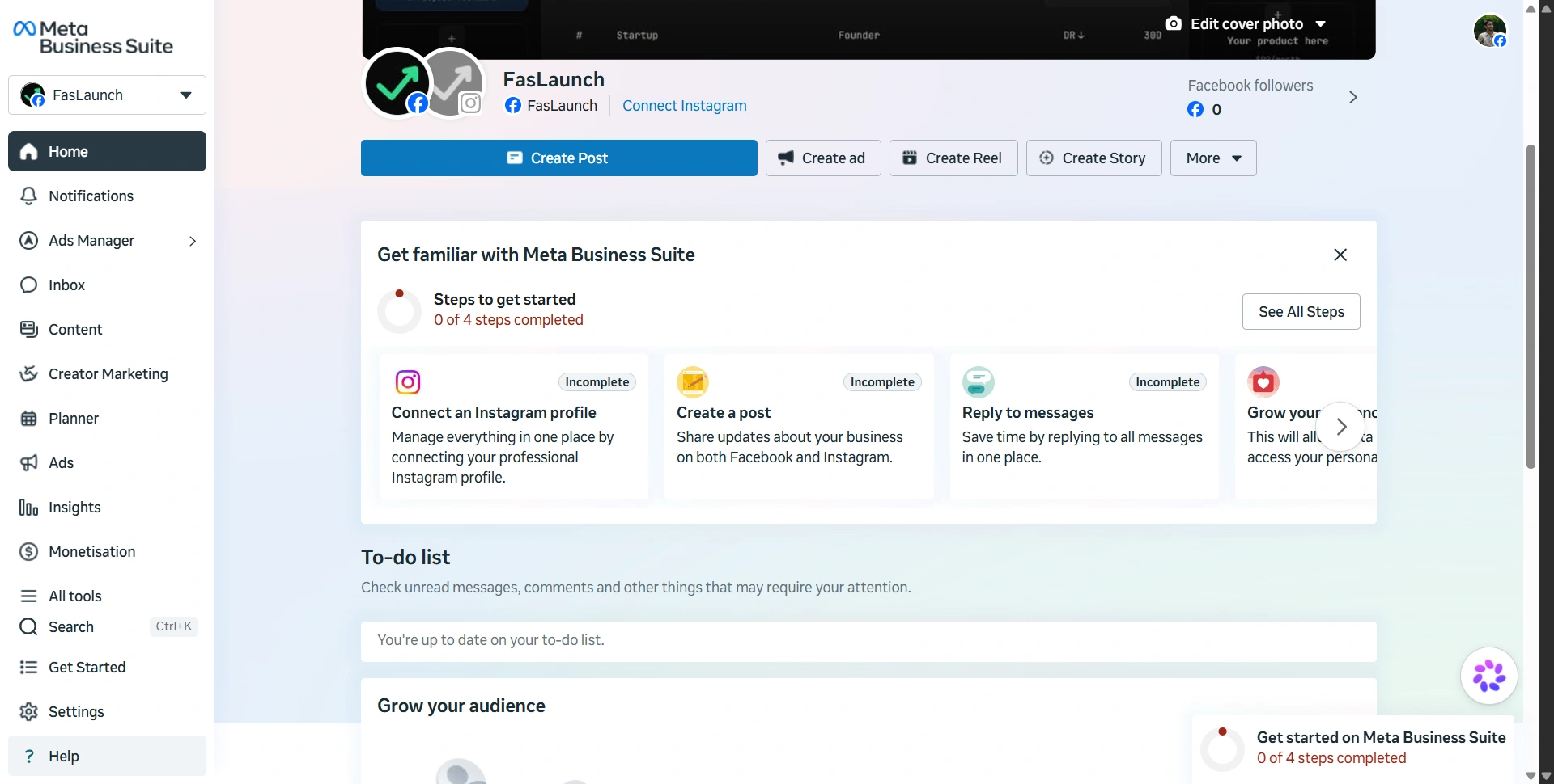Meta Business Suite dashboard showing a Facebook Page, tasks, and publishing shortcuts